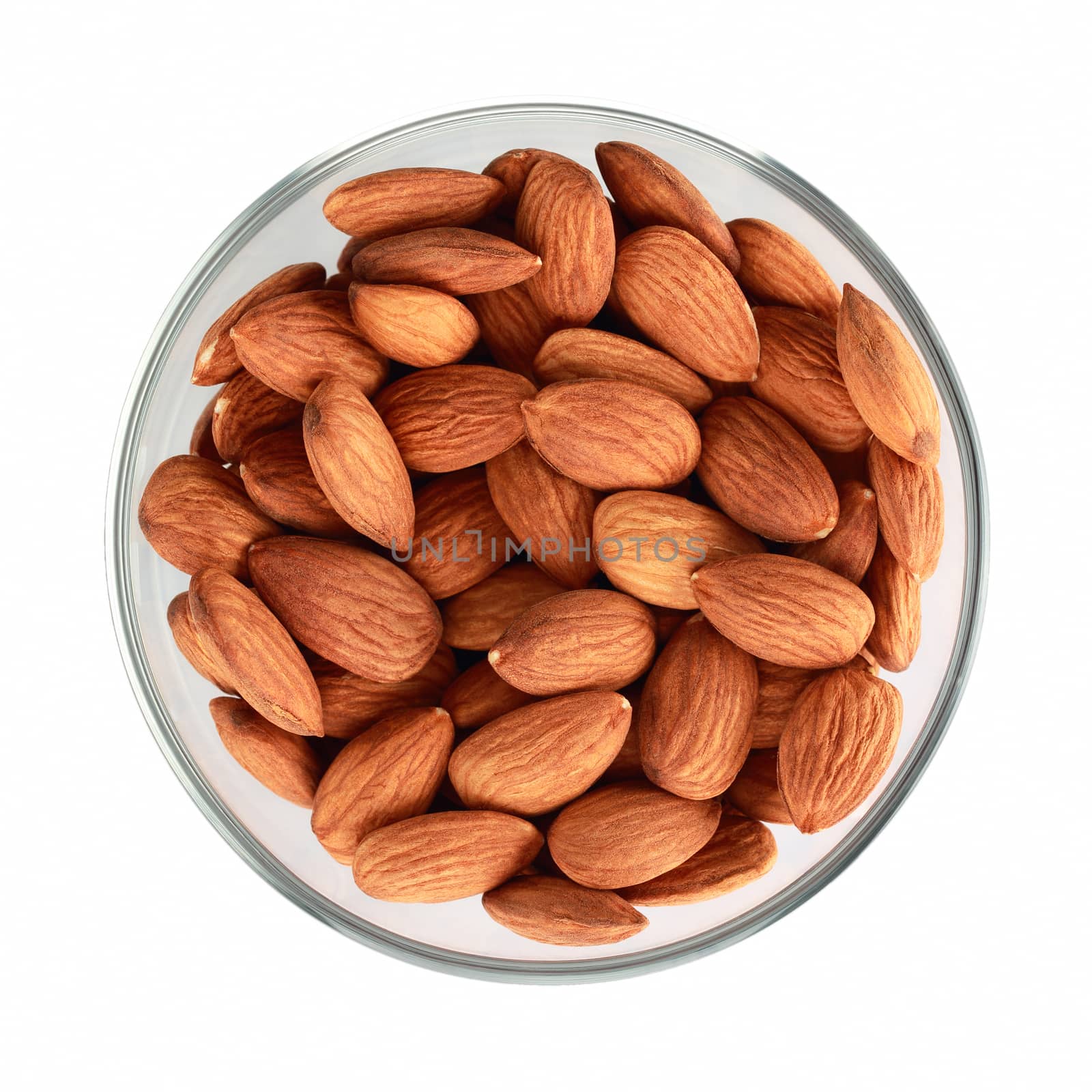 Glass bowl with almonds nuts isolated on white background.