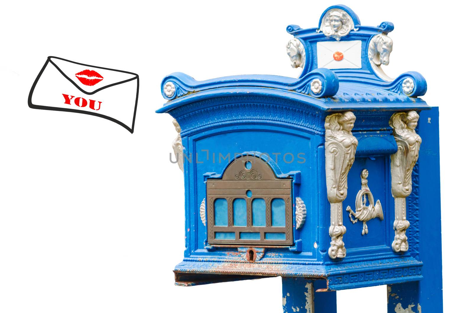 Antique Blue mail box against a white background and an envelope with a red kiss mouth and inscription Love