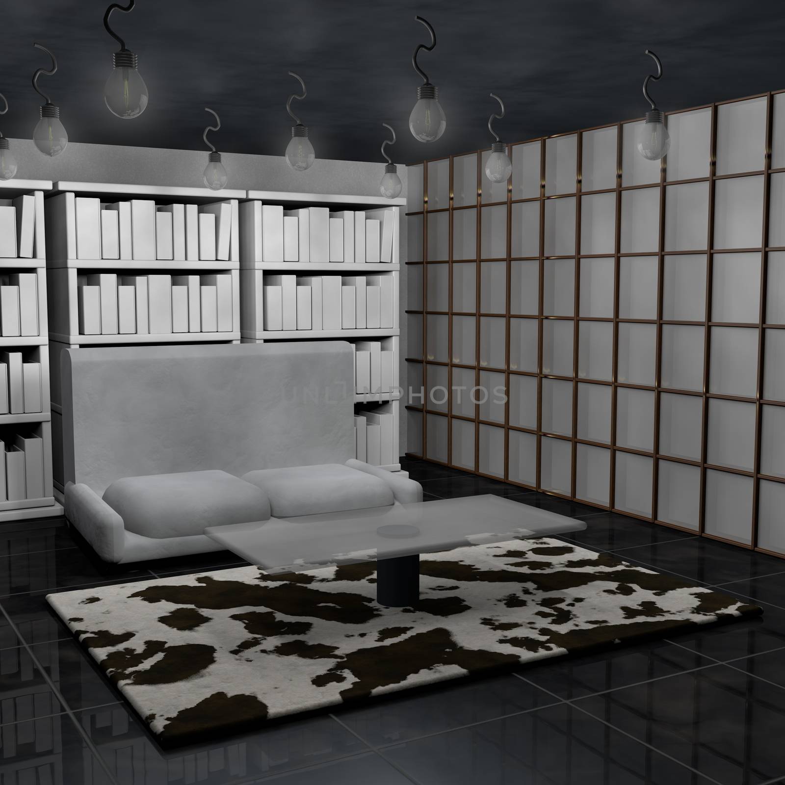 Lounge with white leather sofa and libraries, 3d render
