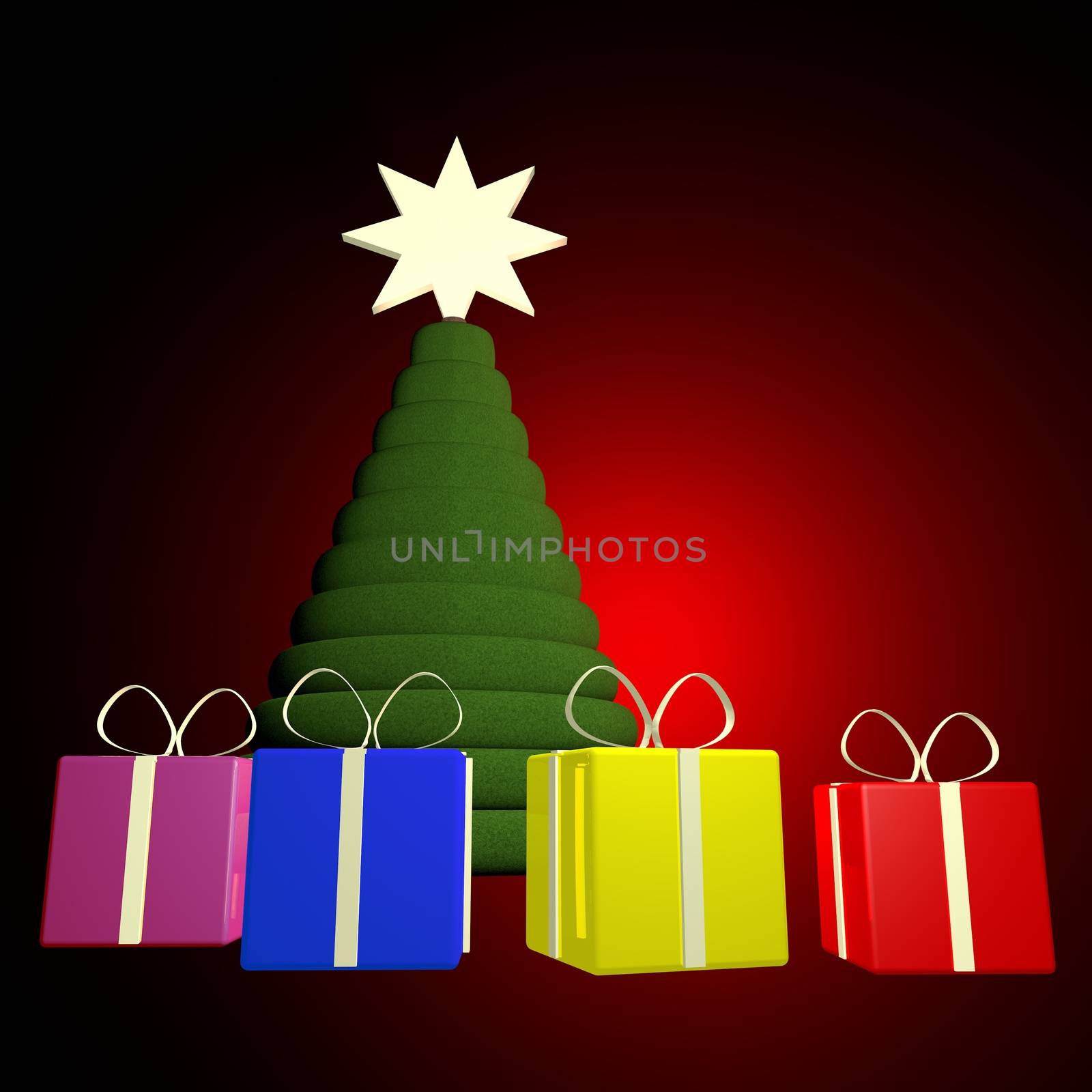 Christmas tree with gifts, red and black background, 3d render