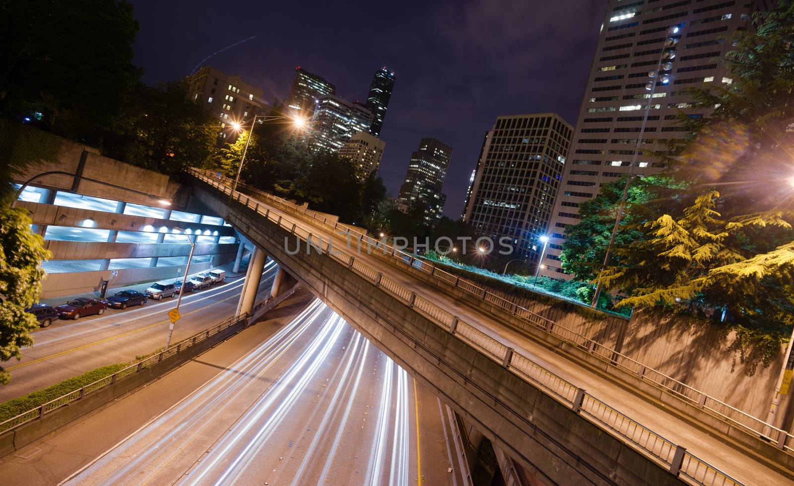 A long exposure at night over the expressway in Seattle Washington