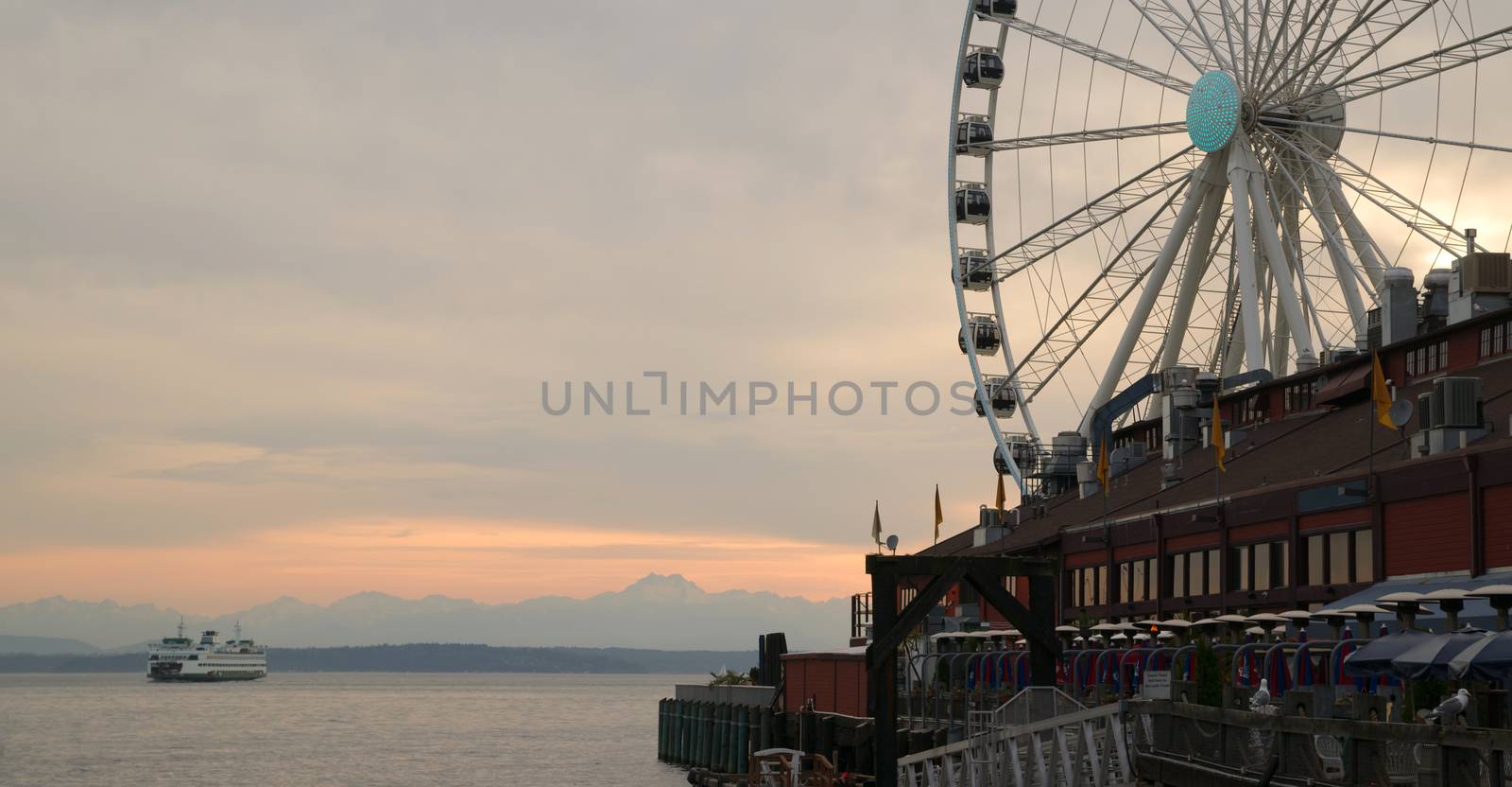Elliott Bay Seattle Waterfront Pier Ferry Great Ferris Wheel by ChrisBoswell