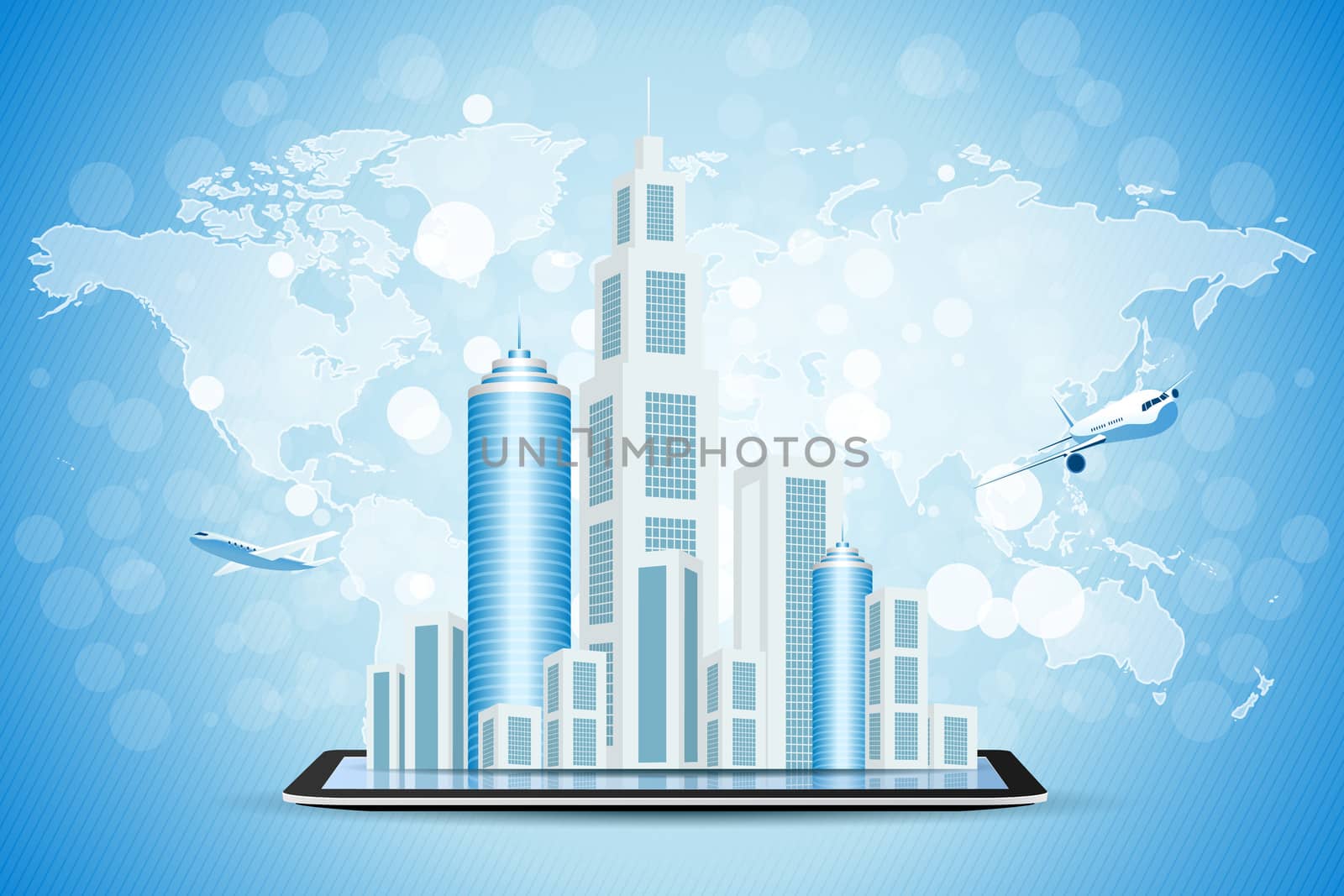 Blue Background with Business City on Tablet Computer by WaD