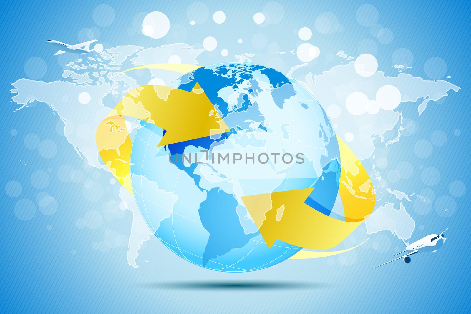 Blue Background with Planet Earth, World Map and Aircrafts