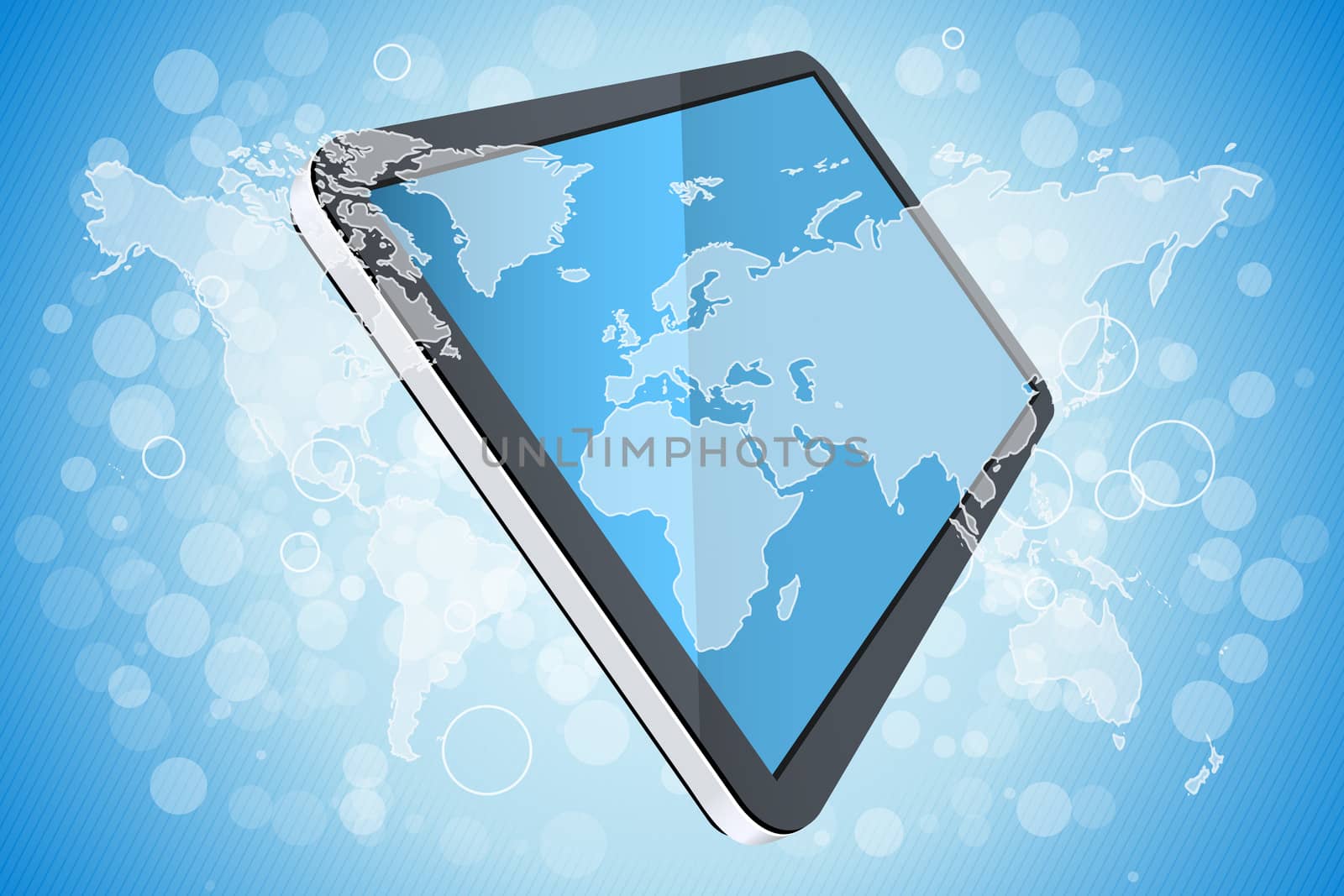 Abstract Blue Background with World Map and Tablet Computer