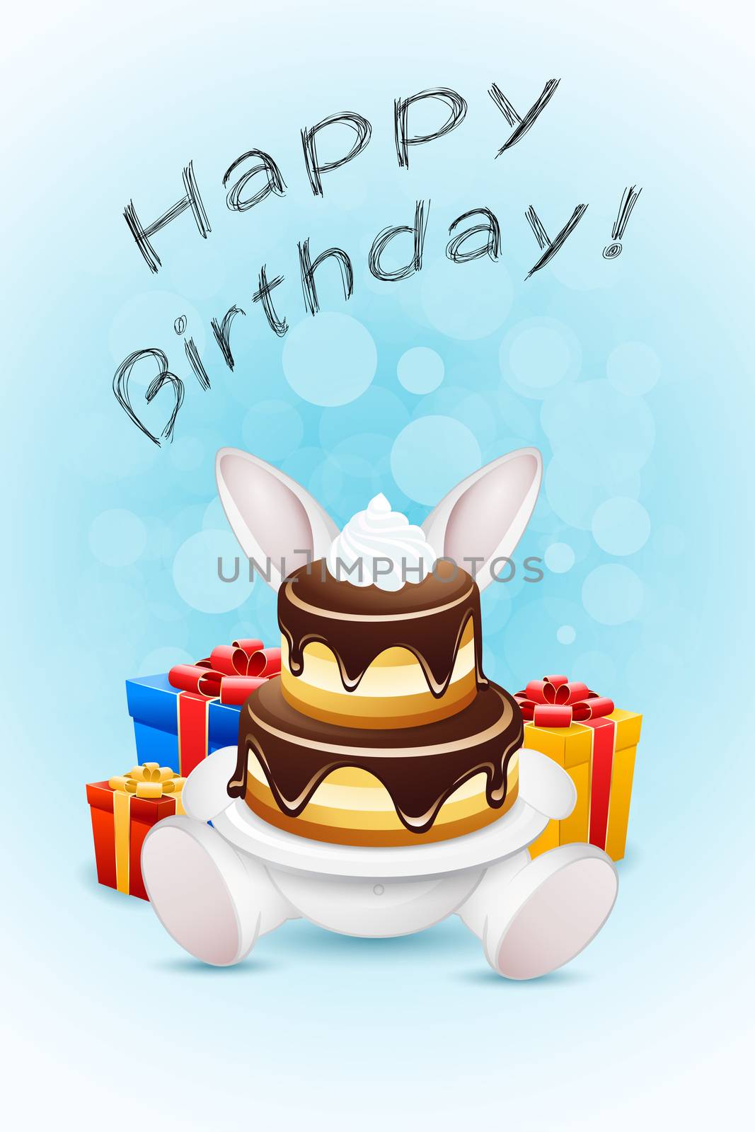 Happy Birthday Card with Rabbit, Cake and Gifts