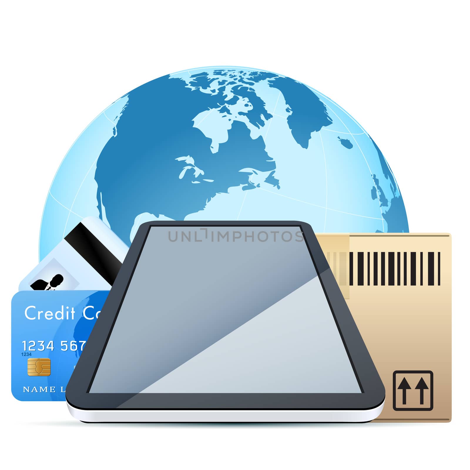 Clear Touch Pad Personal Computer with Cardboard Box and Bank Cards over Earth Globe isolater on white background