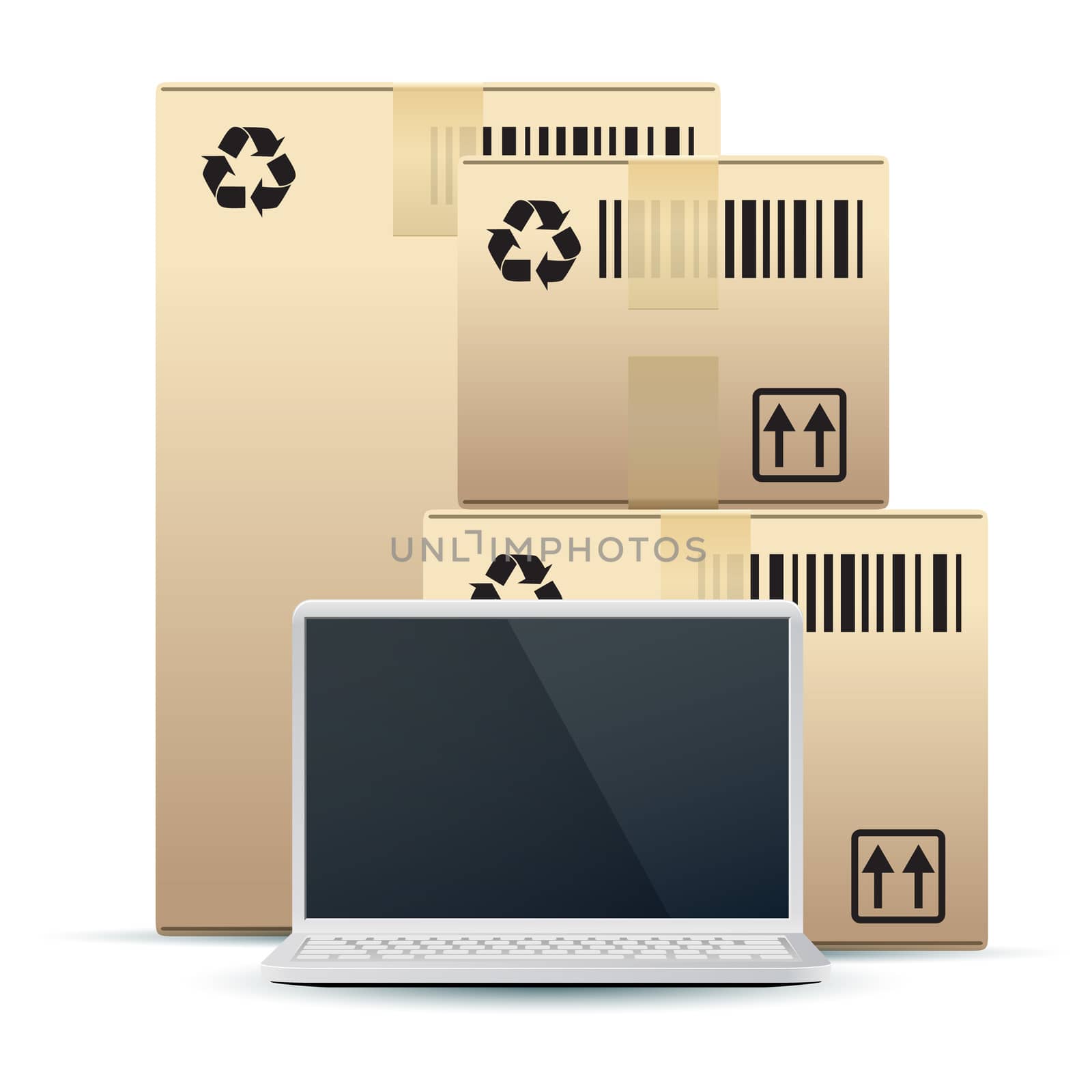 Laptop with Cardboard Boxes Isolated on White by WaD