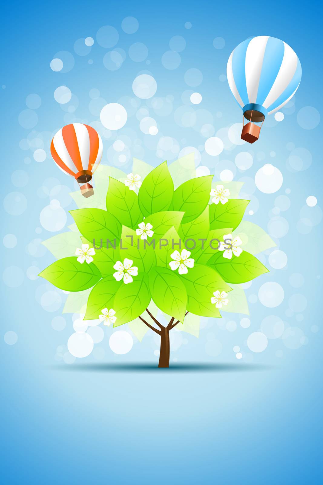 Blue Background with Green Tree and Hot Air Balloons and sparkles