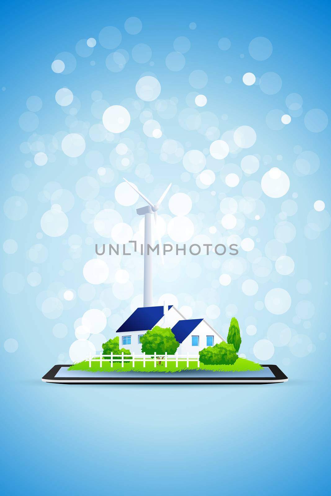 Blue Background  with Country House and Power Station on Tablet Computer