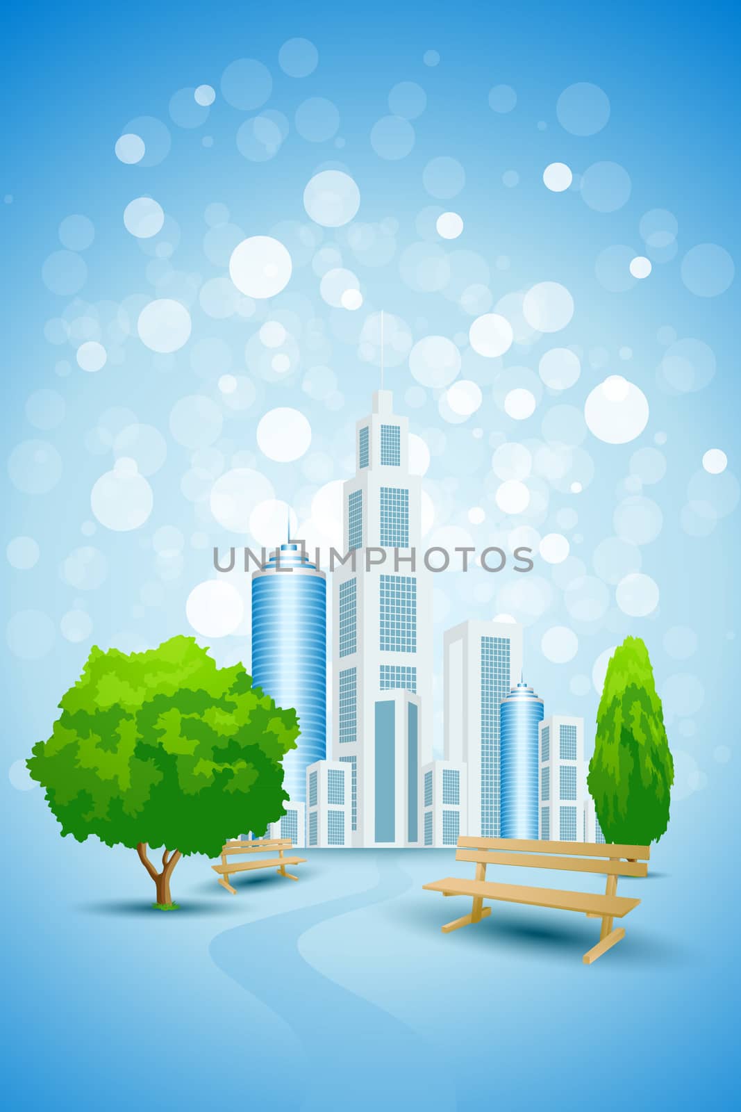 Blue Background with City Landscape Tree Road and Bench