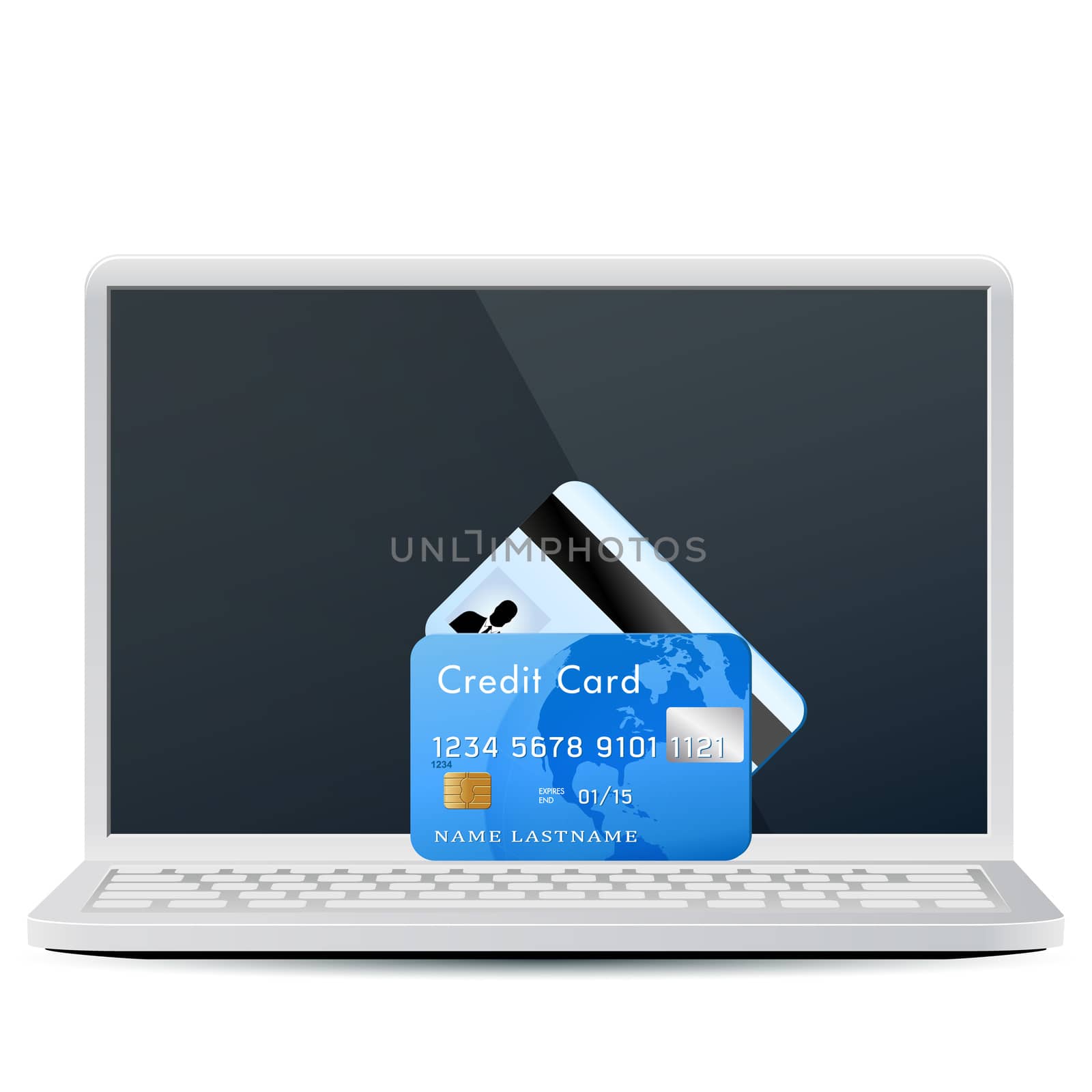 Laptop with Bank Cards Isolated on White by WaD
