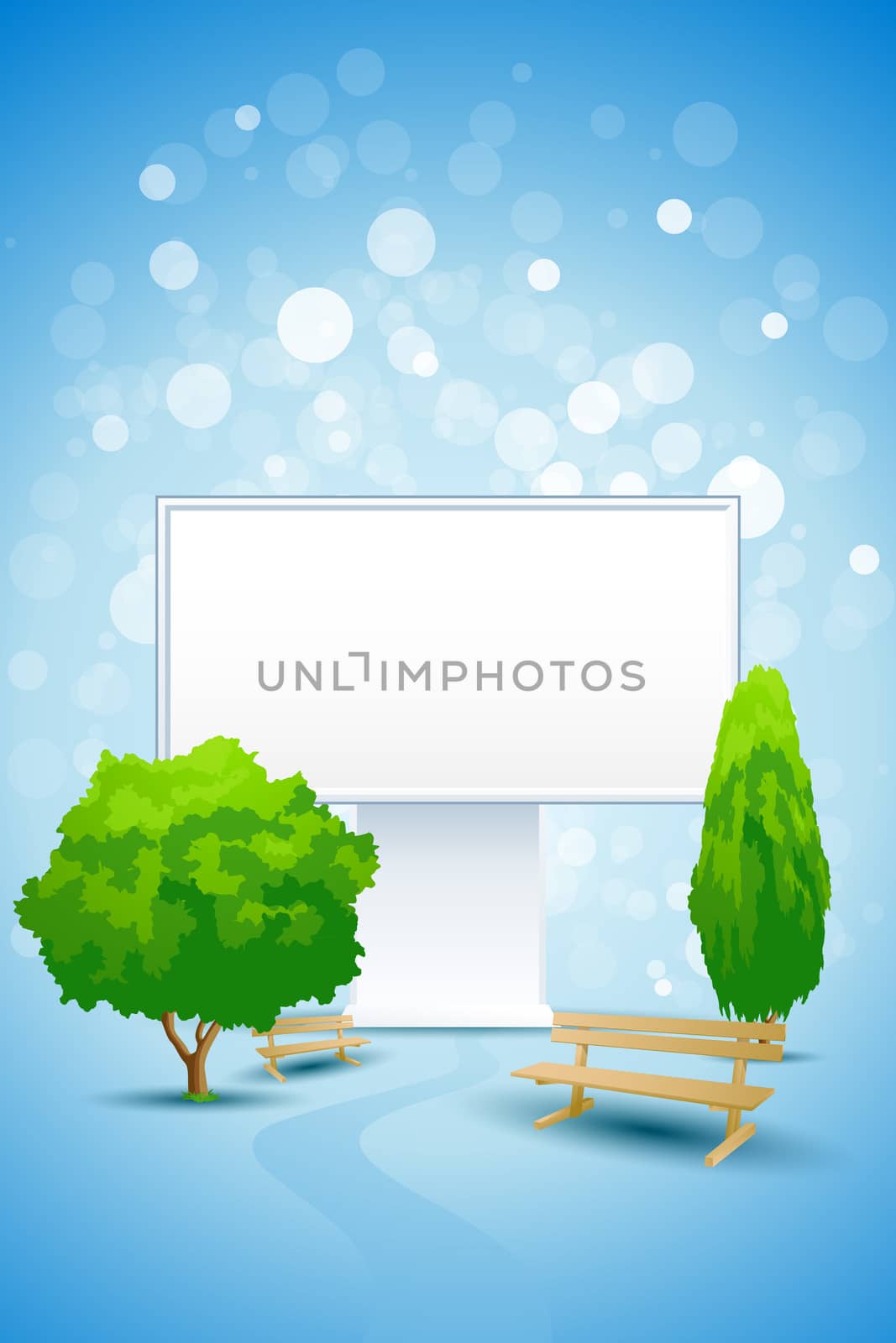 Blue Background with Empty Billboard Sparkle Trees and Benches