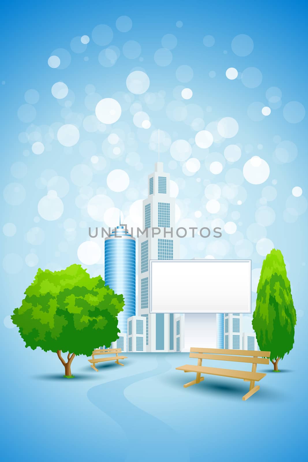 Blue Background with City Landscape Trees Benches and Empty Billboard