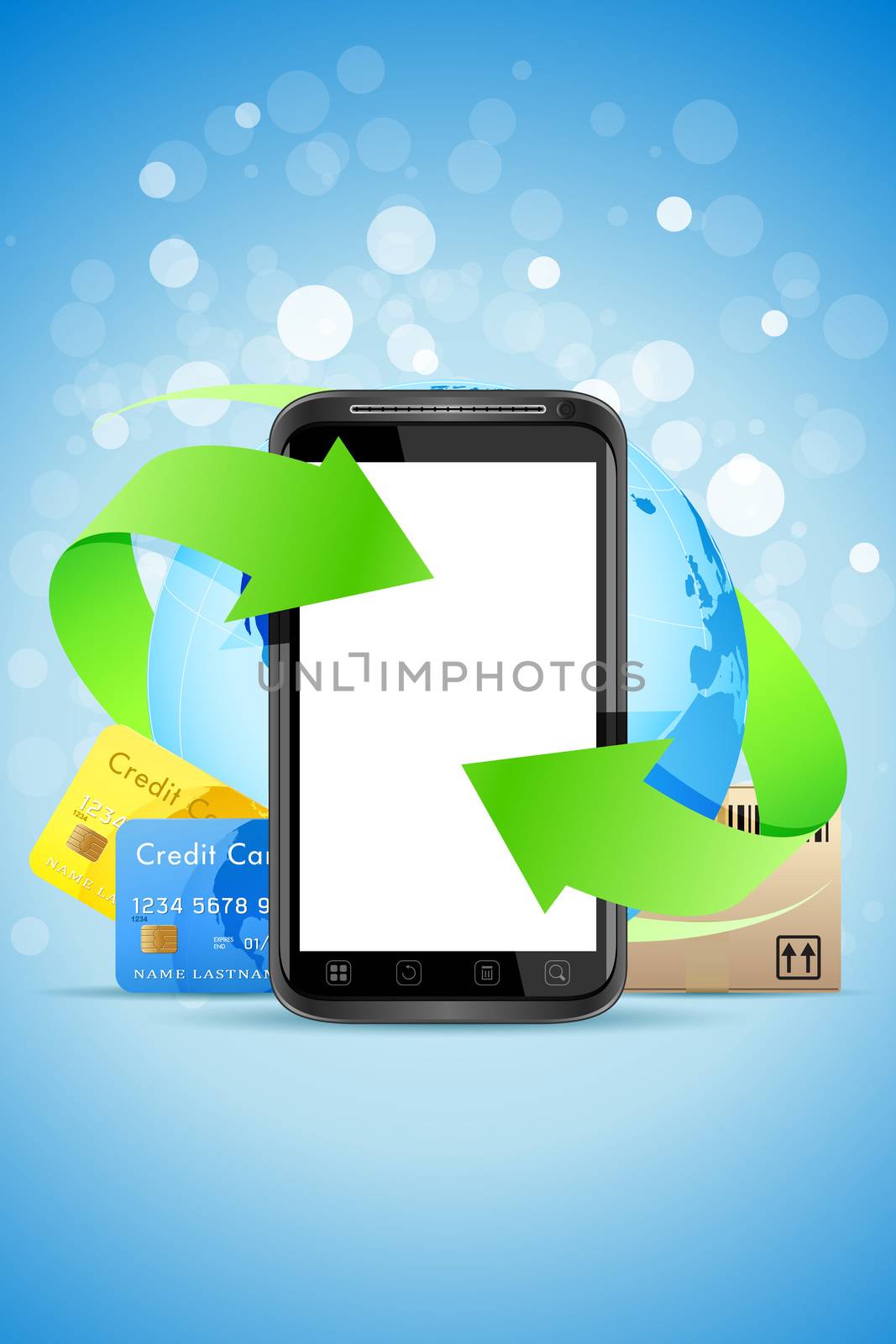 Empty Touch Phone with Earth Globe Bank Cards and Cardboard Box by WaD