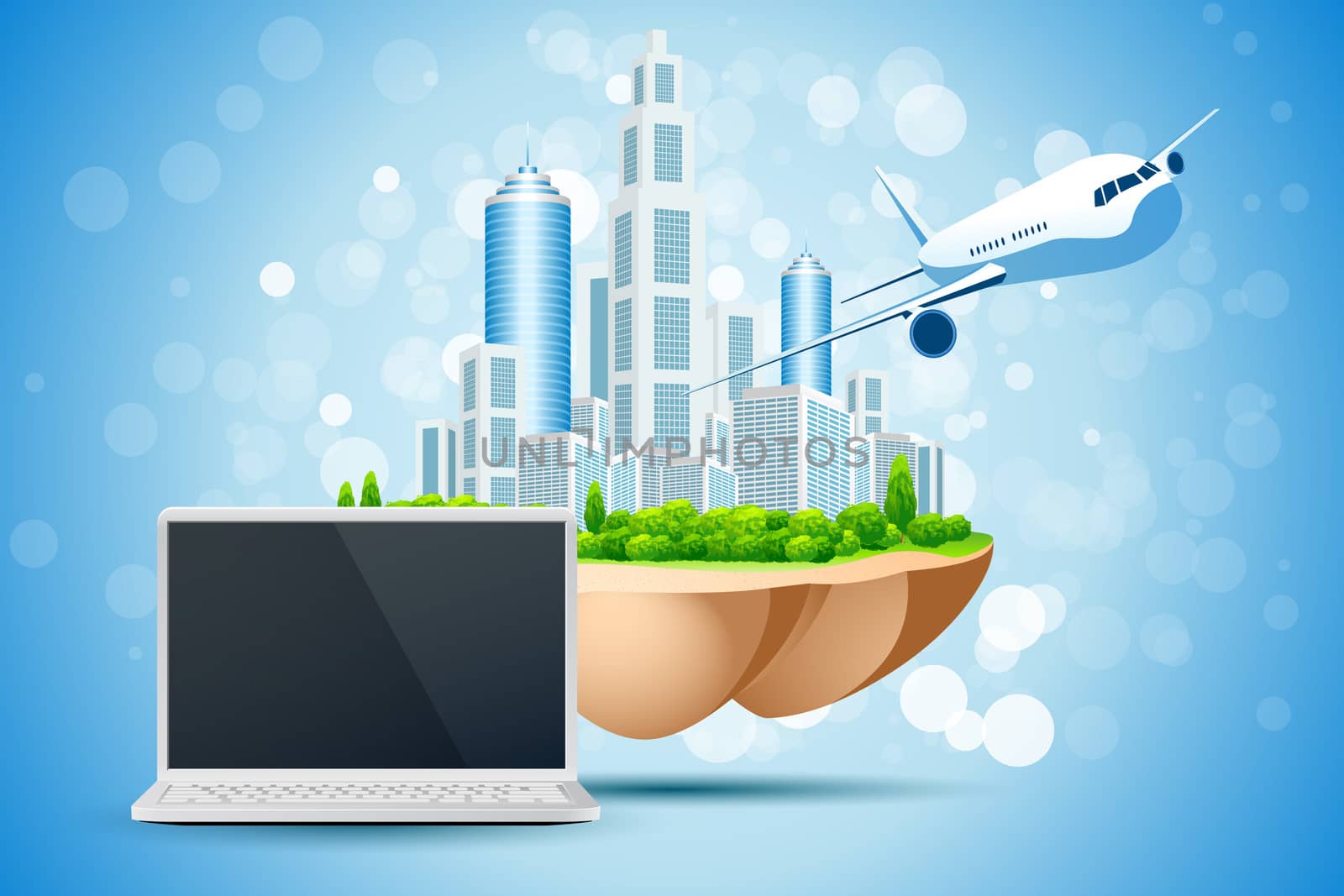 Blue Backgtound with Business City Island Laptop and Aircraft