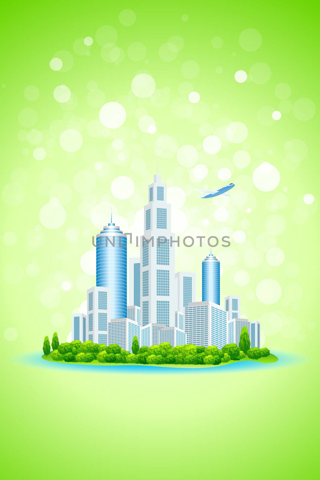 Business City Island with Aircraft on Green Background
