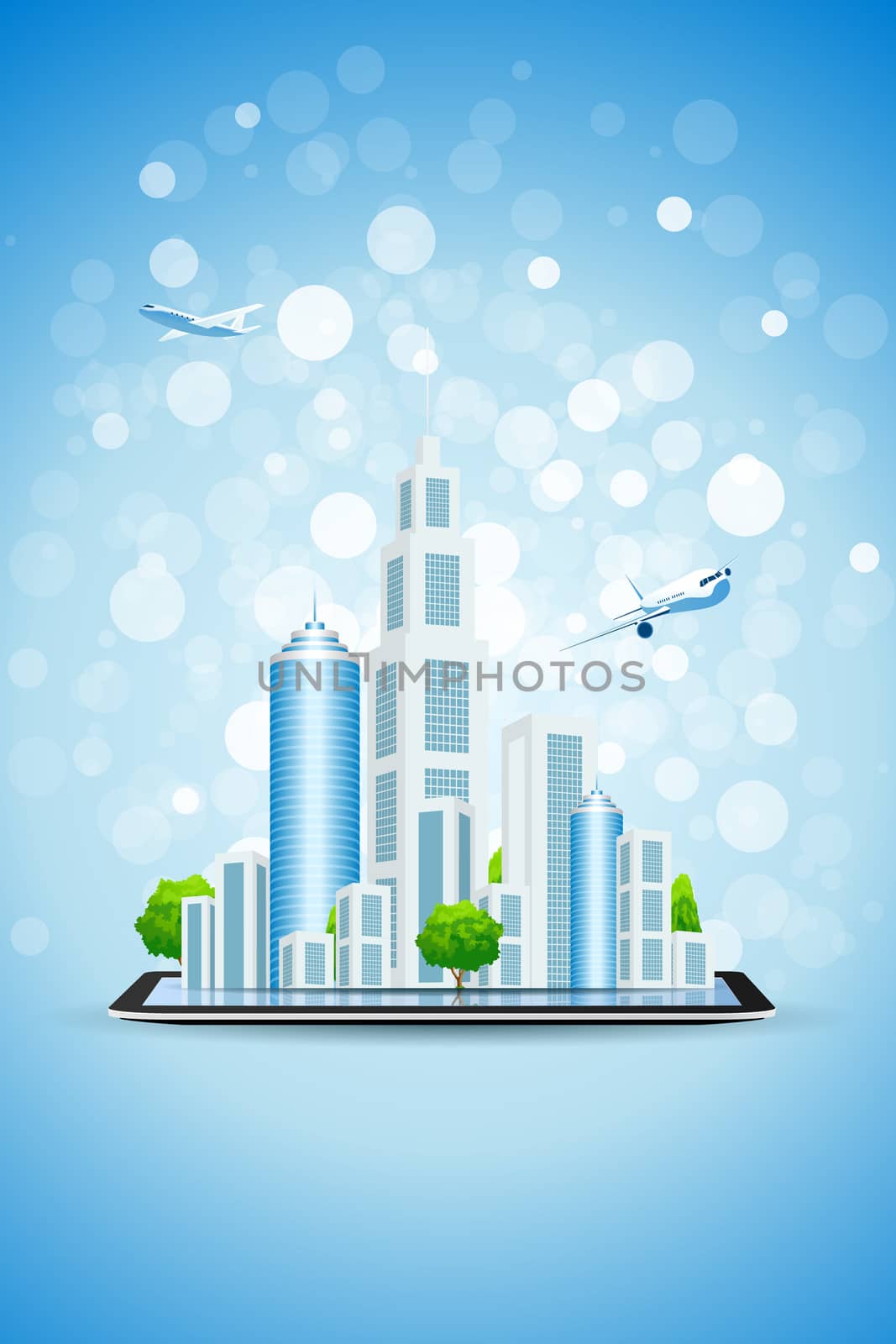 Blue Background with Business City on Tablet Computer by WaD