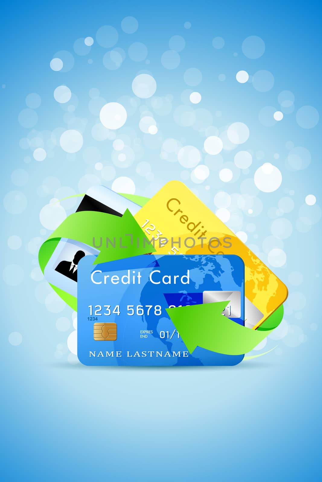 Abstract Blue Background with Credit Cards and Green Arrows