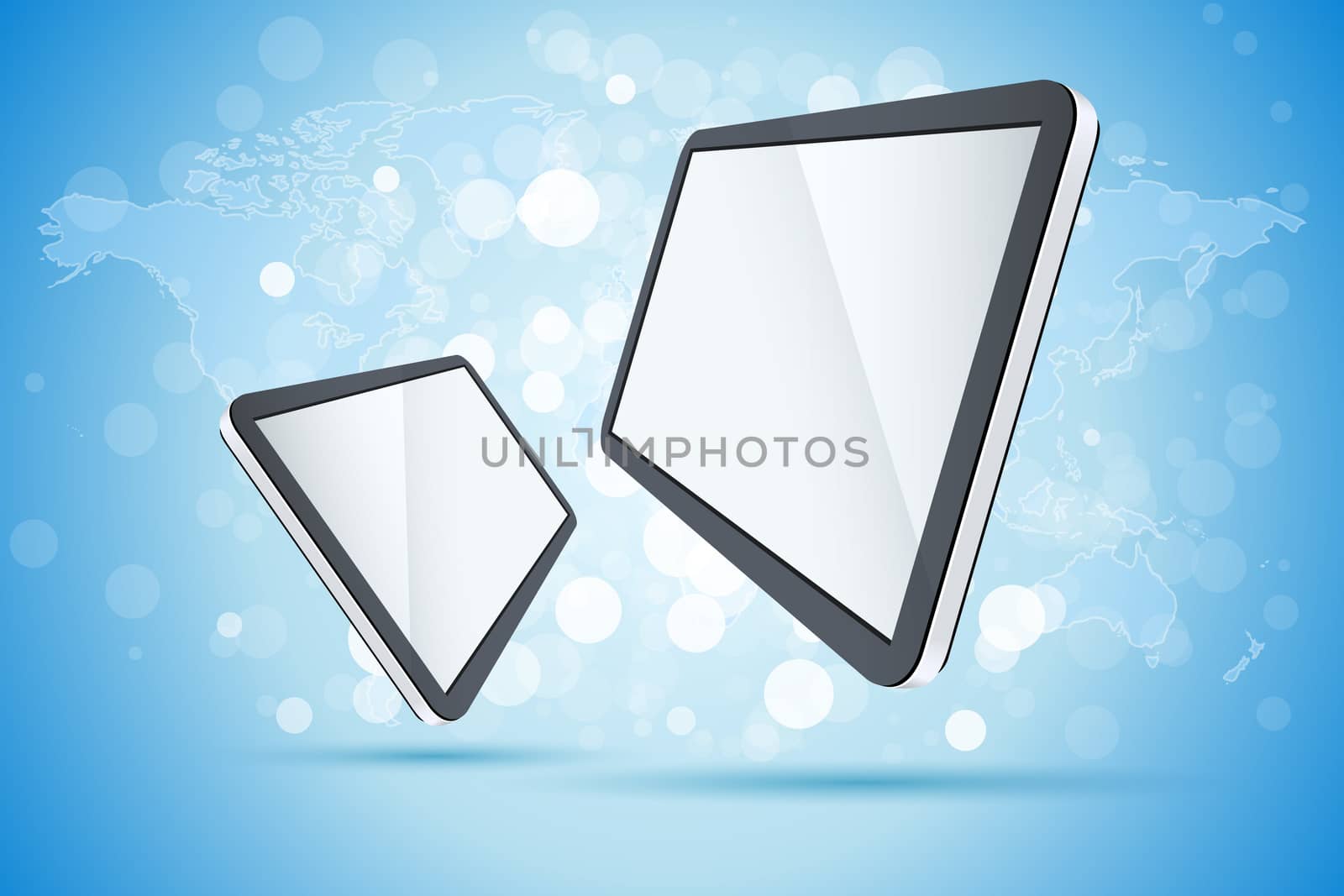 Abstract Background with World Map and Flying Tablet Computers