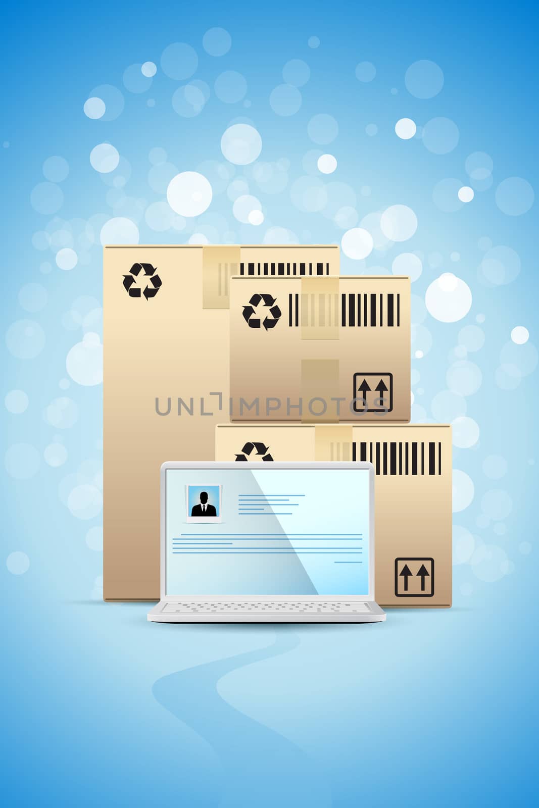 Blue Business Background with Sparkles Laptop and Cardboard Boxes