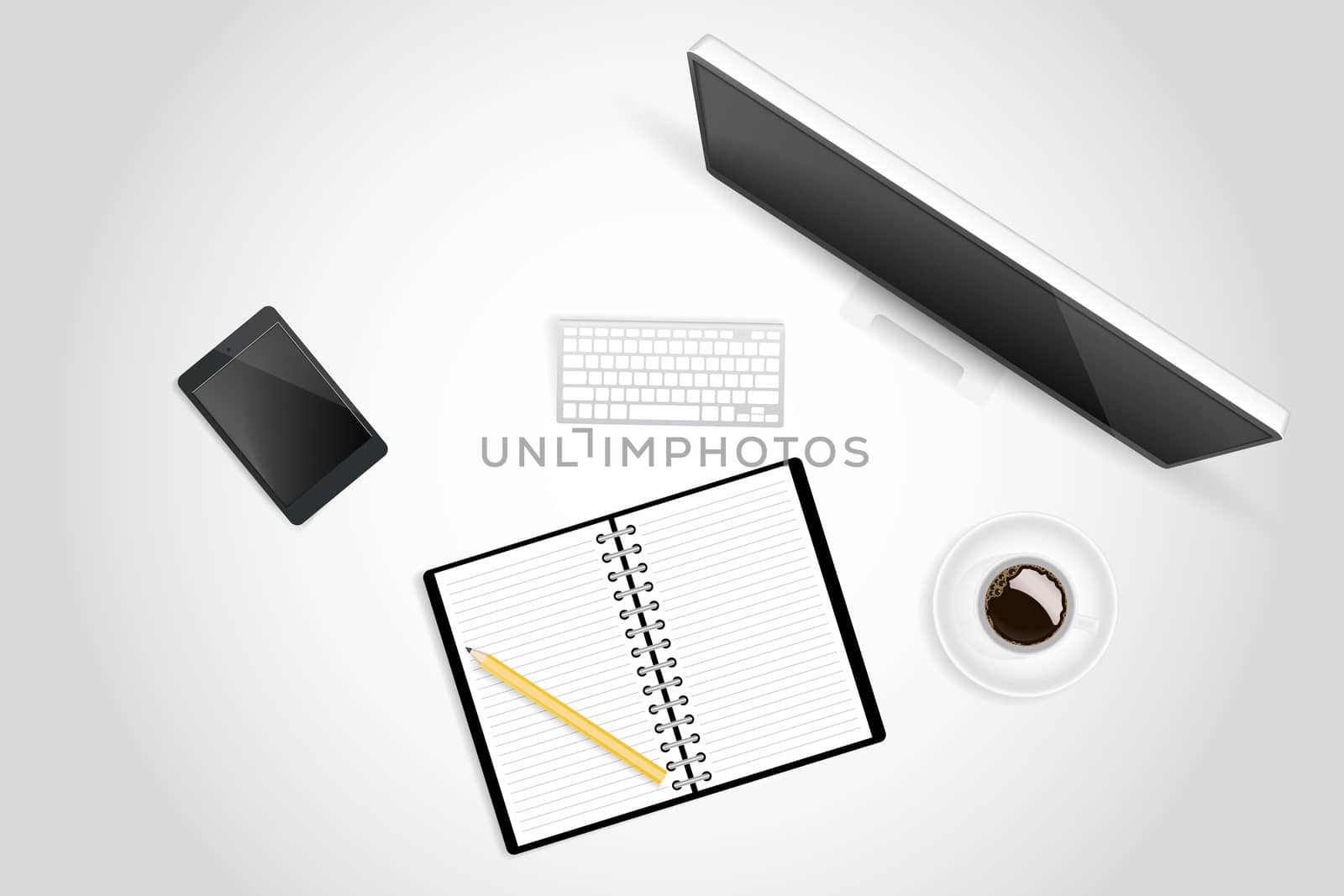 Creative workspace with Computer, Cup of Coffee, Tablet Computer and Notepad