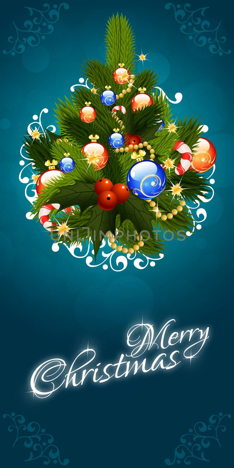 Christmas Greeting Card. Merry Christmas lettering with Pine Tree