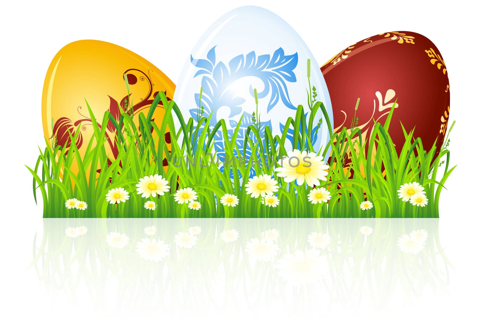 Easter eggs in the grass with flowers