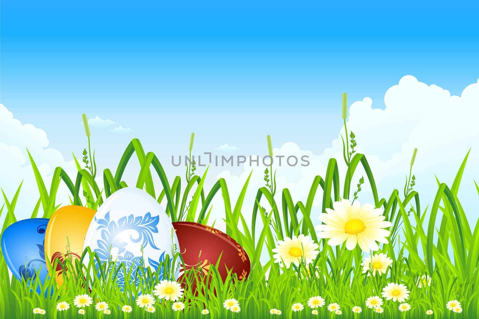 Easter eggs in the grass with flowers and clouds