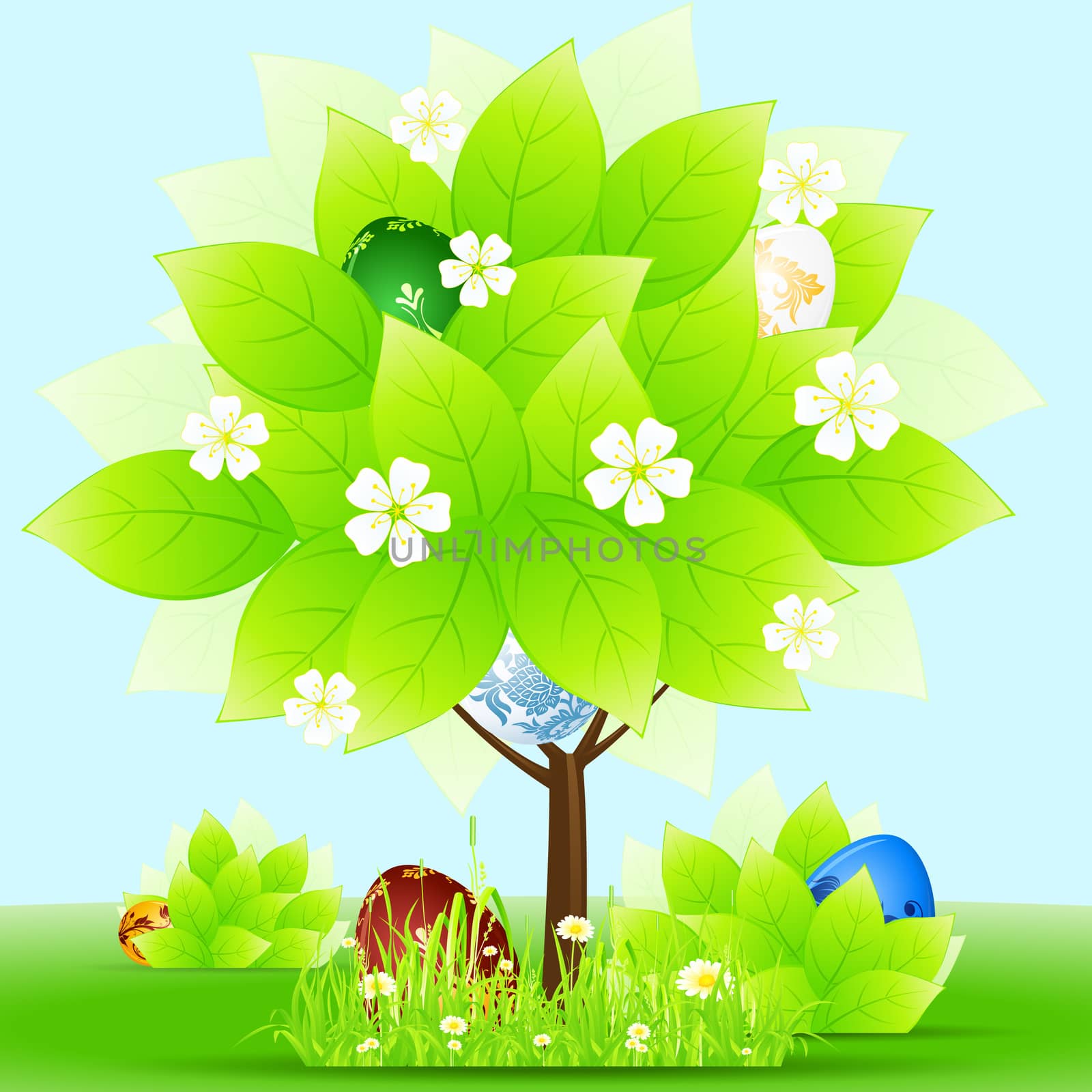 Easter Greeting Card with tree grass flowers and eggs