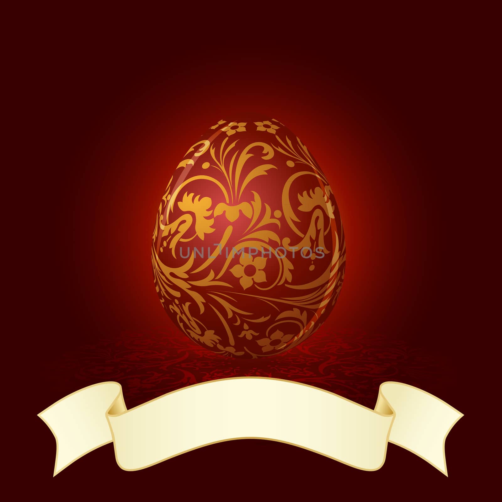 Easter egg with gold floral decoration on red background