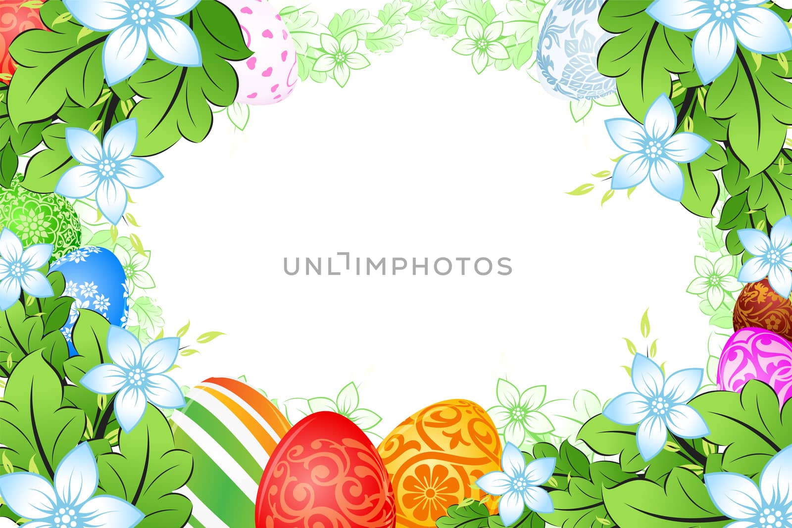 Flower Frame with Green Leaves and Easter Eggs