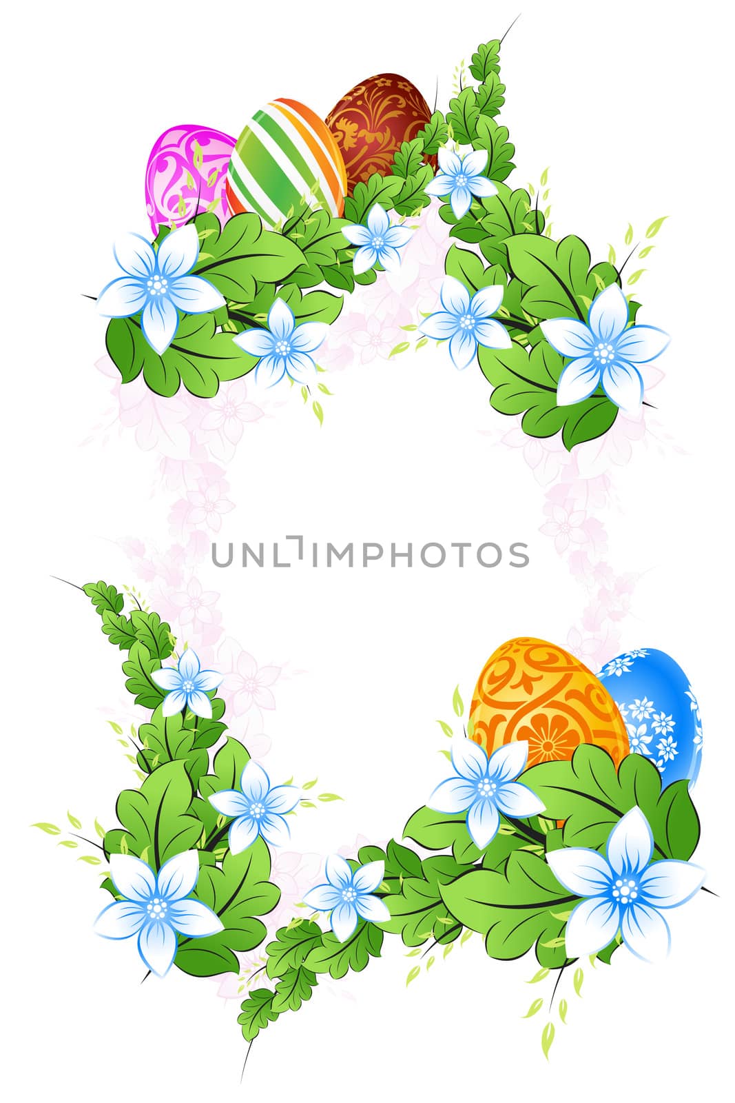 Flower Frame with Green Leaves and Easter Eggs