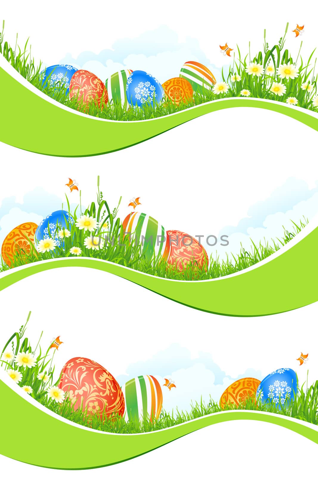 Easter Banners Set with Flowers and Eggs Isolated on White