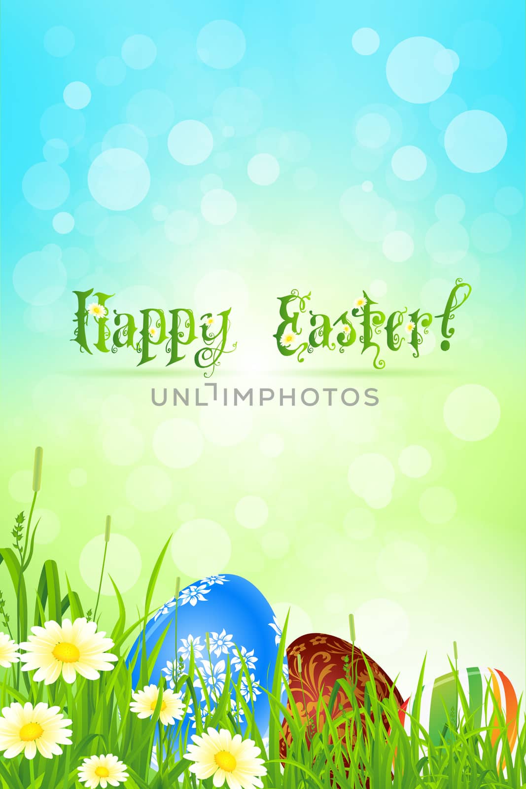 Beautiful Easter Background with Grass Flowers and Eggs