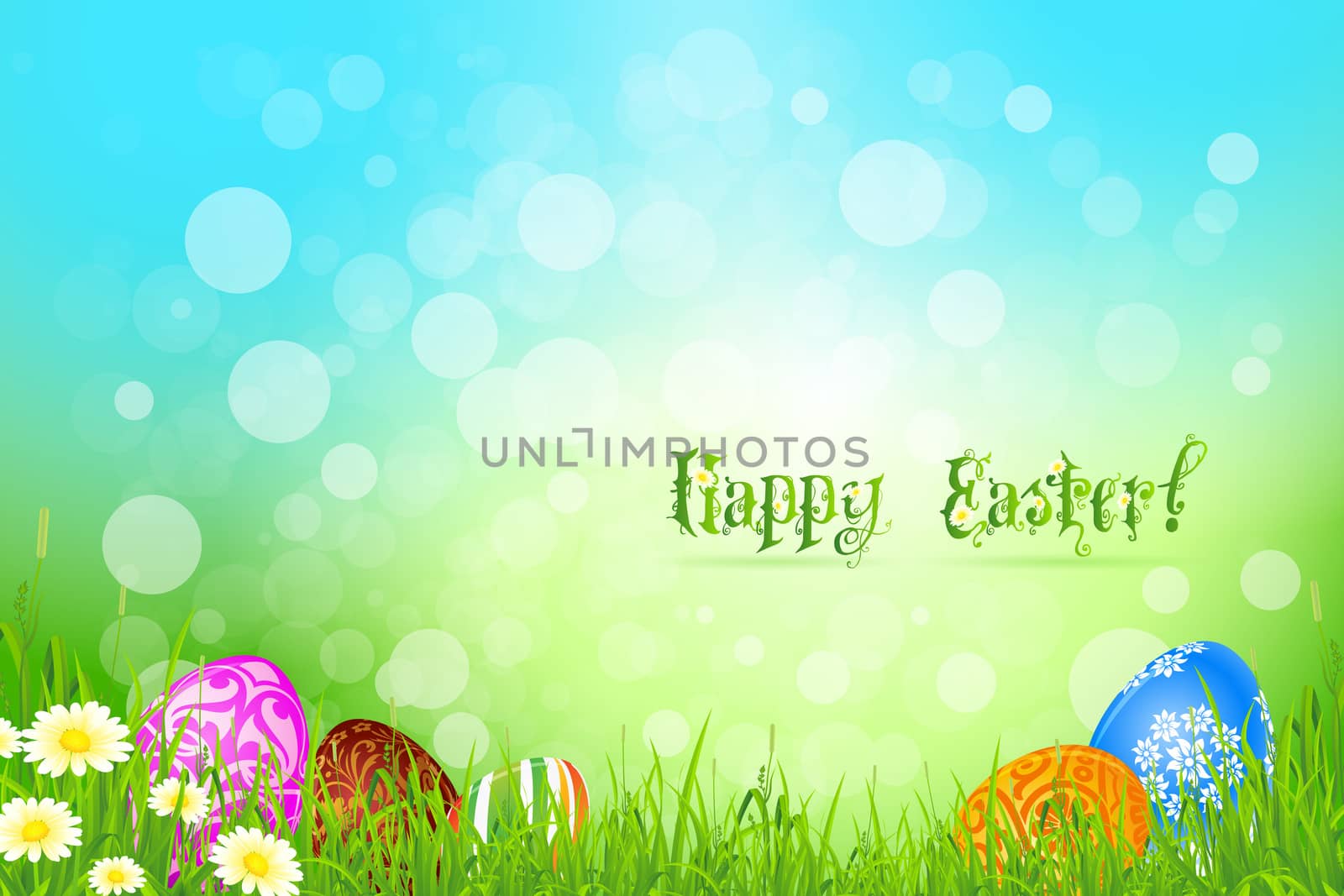 Beautiful Easter Background with Grass Flowers and Eggs