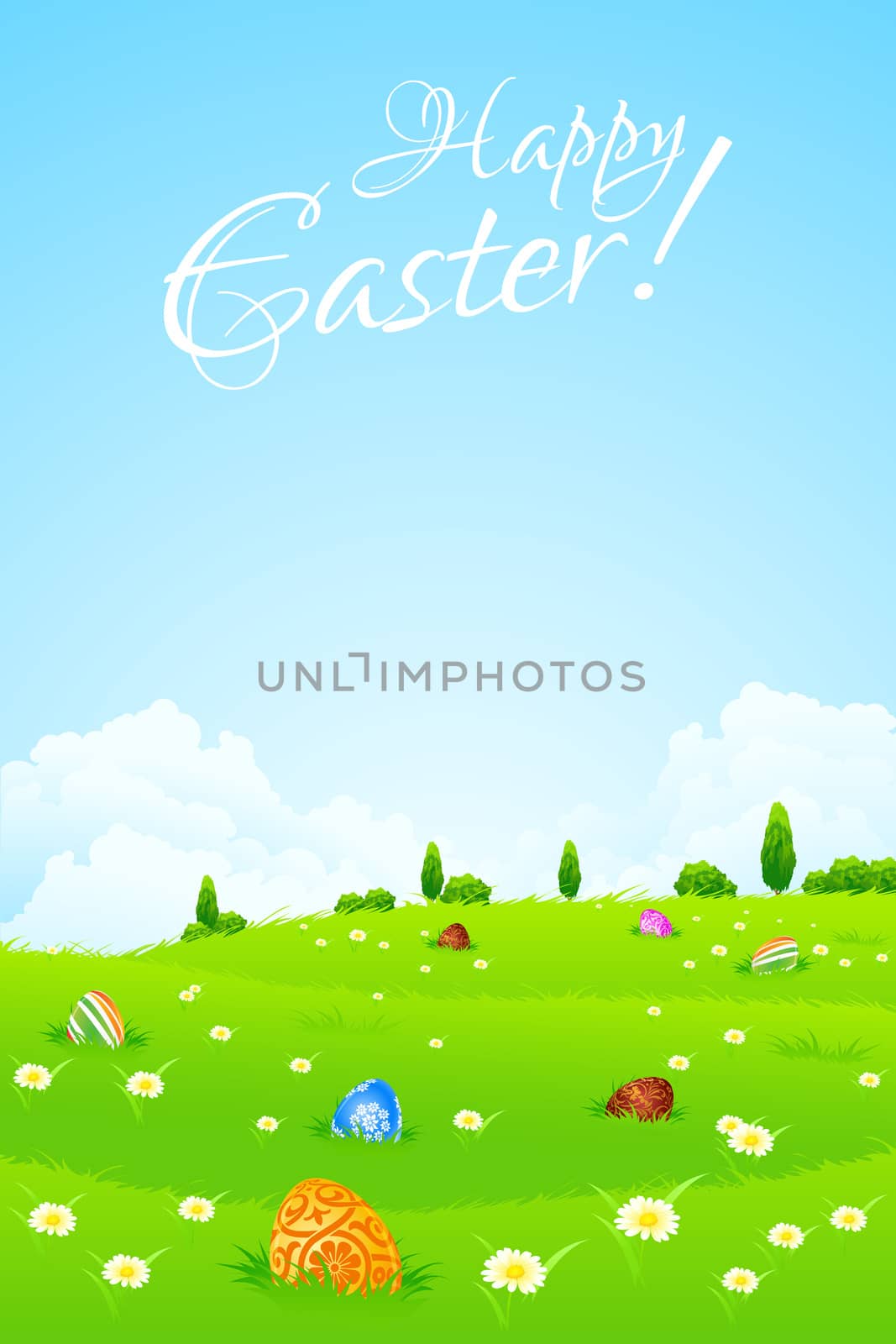 Green Landscape Background with Easter Eggs, Flowers, Trees and Clouds