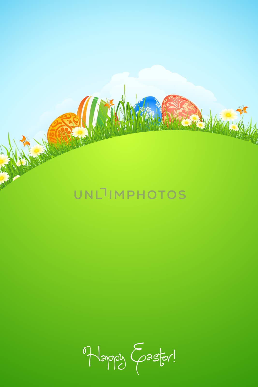 Beautiful Easter Background with Flowers Grass Clouds and Butterfly