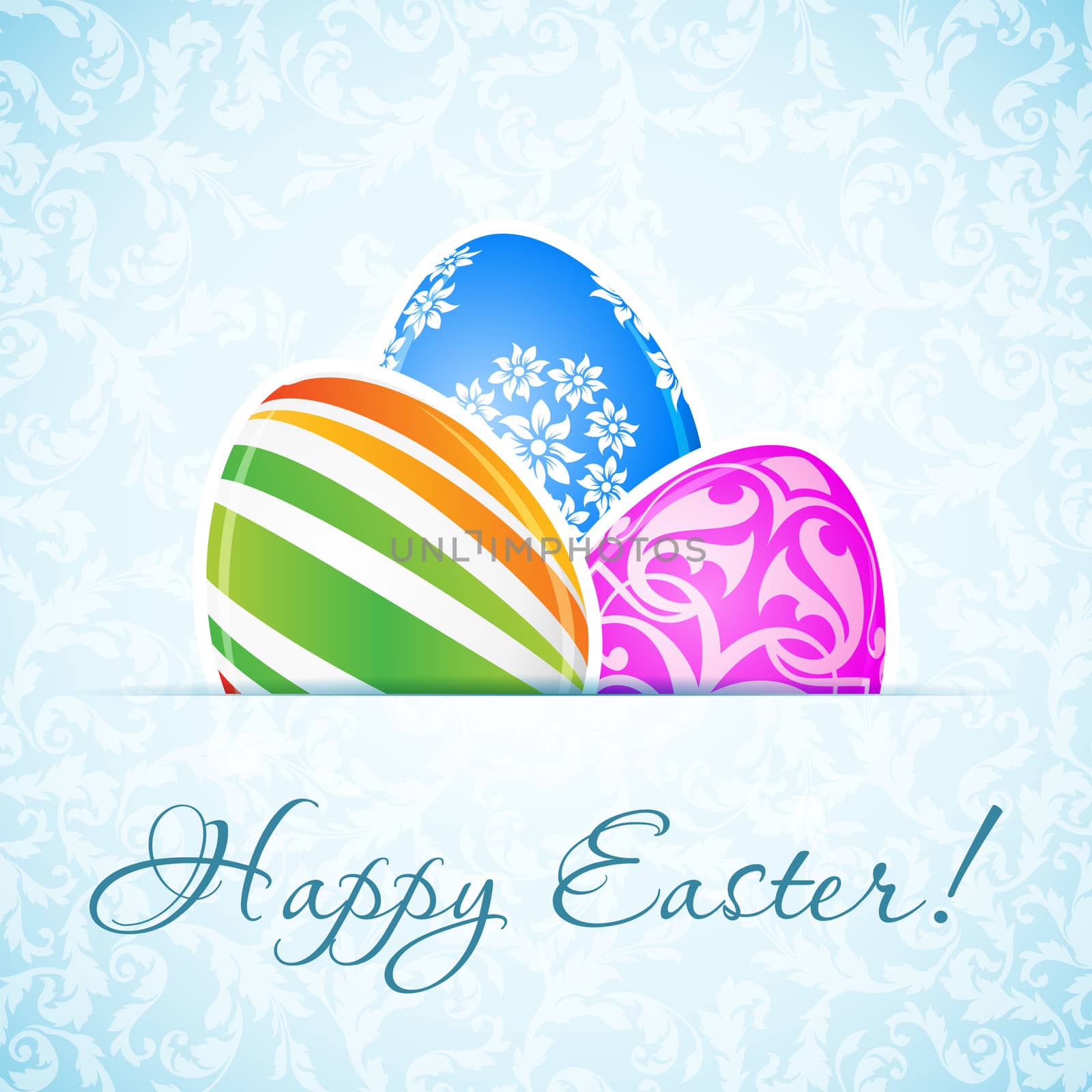 Easter Background with Decorated Eggs on Blue Ornamental Background