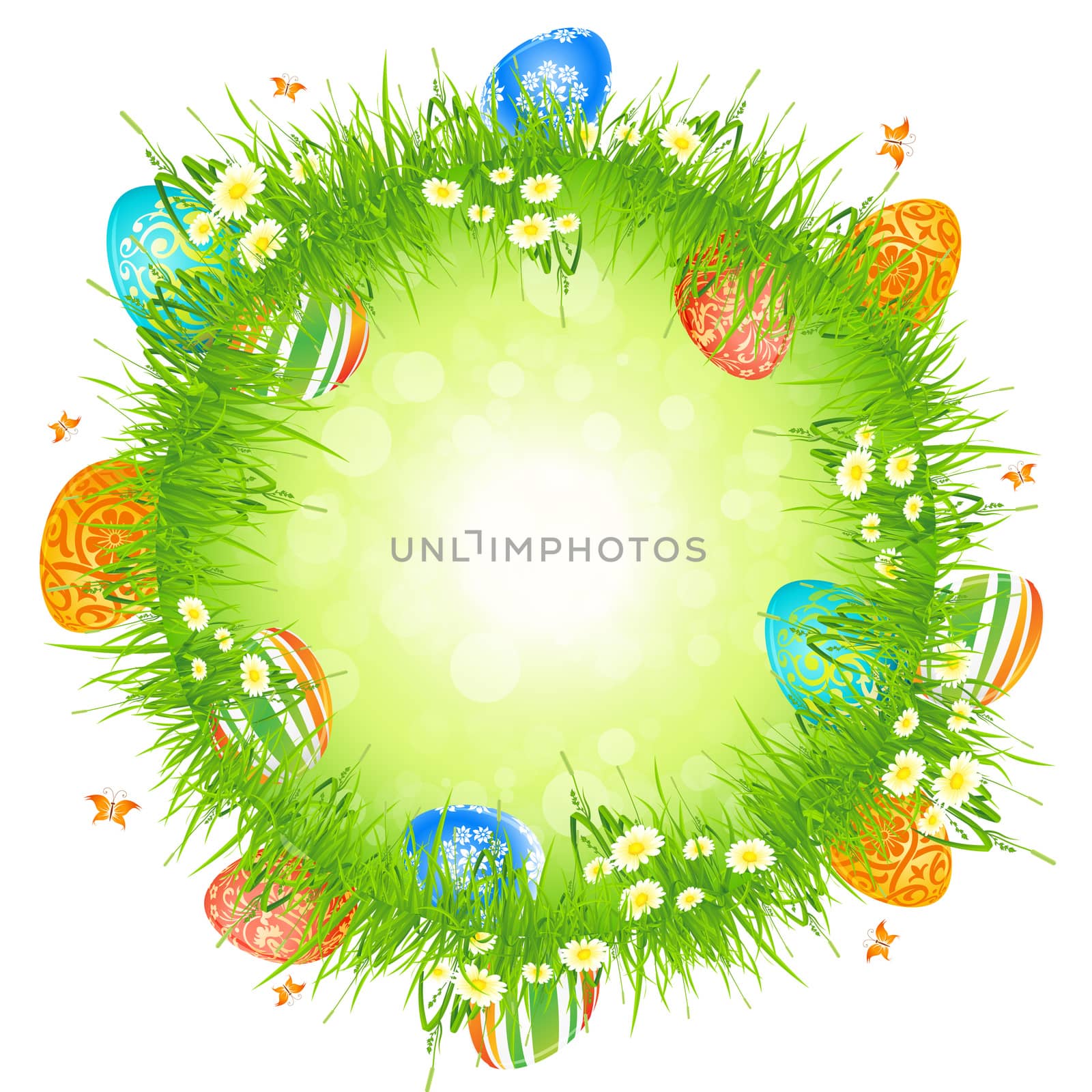 Easter Eggs in the Grass with Flowers and Butterflies