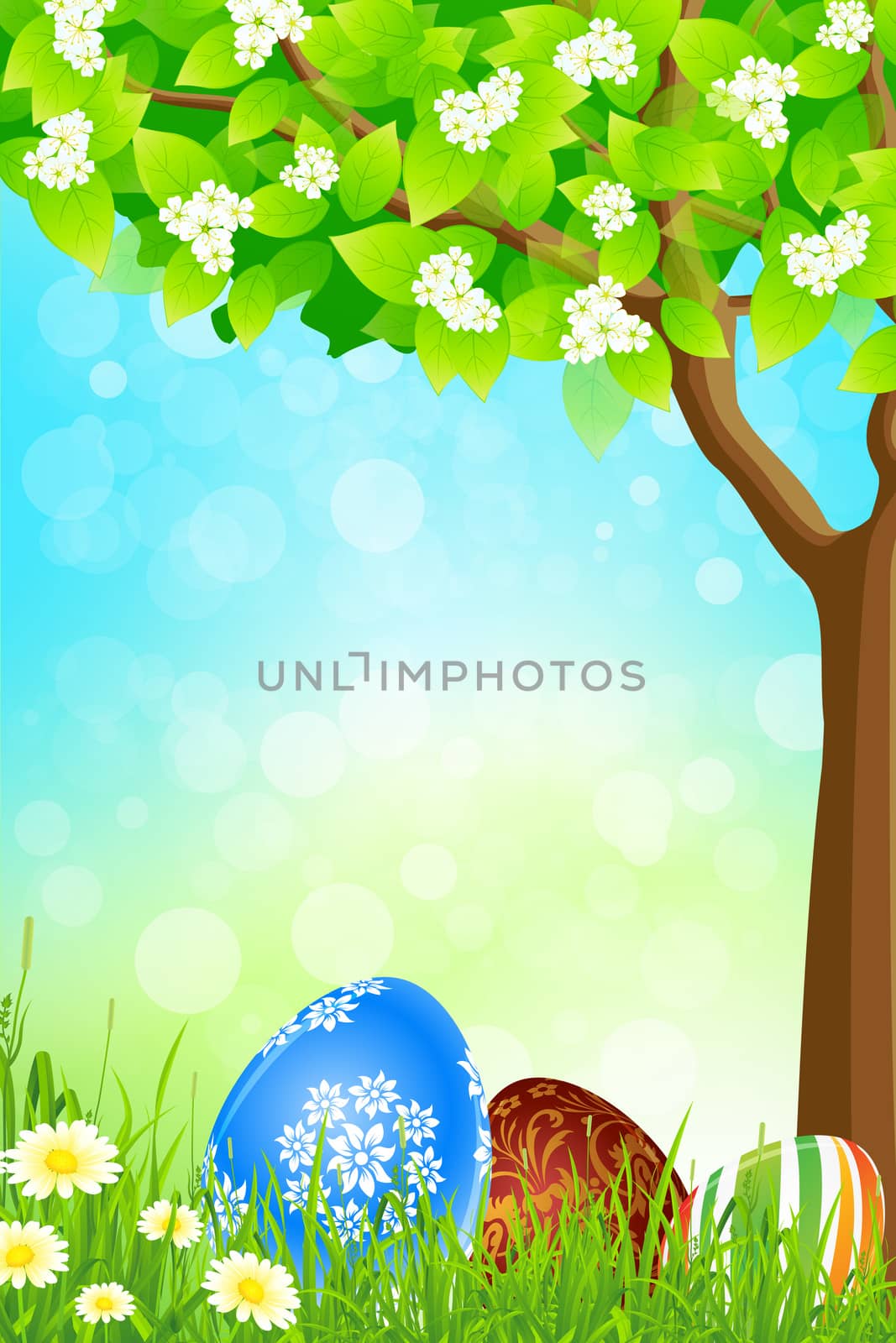 Green Tree Background with Easter Eggs, Grass and Flowers