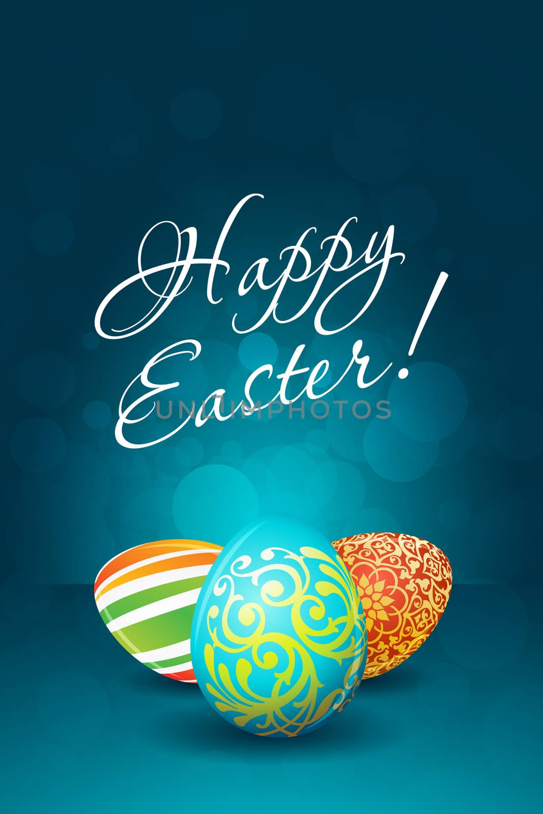 Easter Background with Decorated Eggs on Blue Background