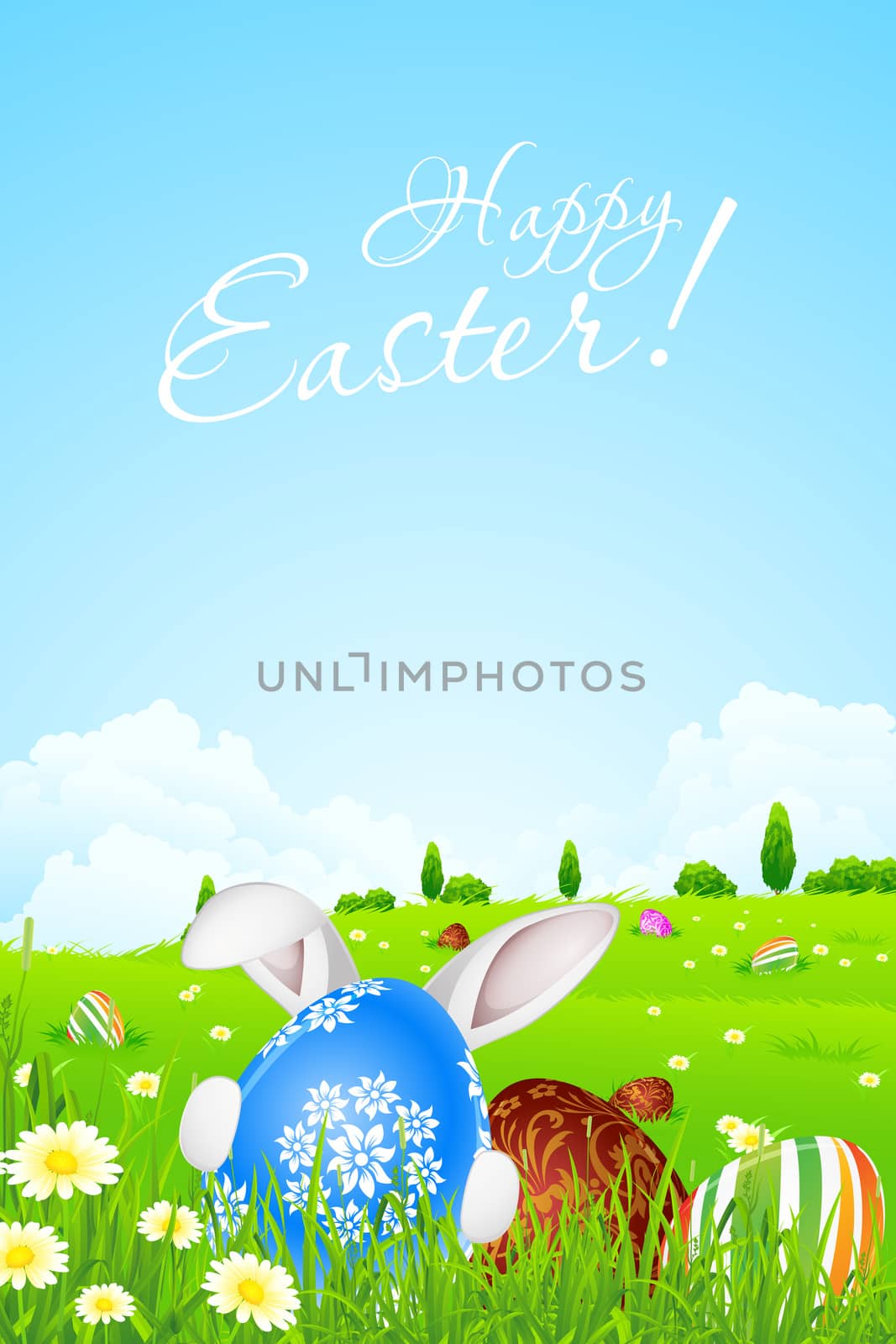 Green Landscape Background with Easter Eggs and Rabbit