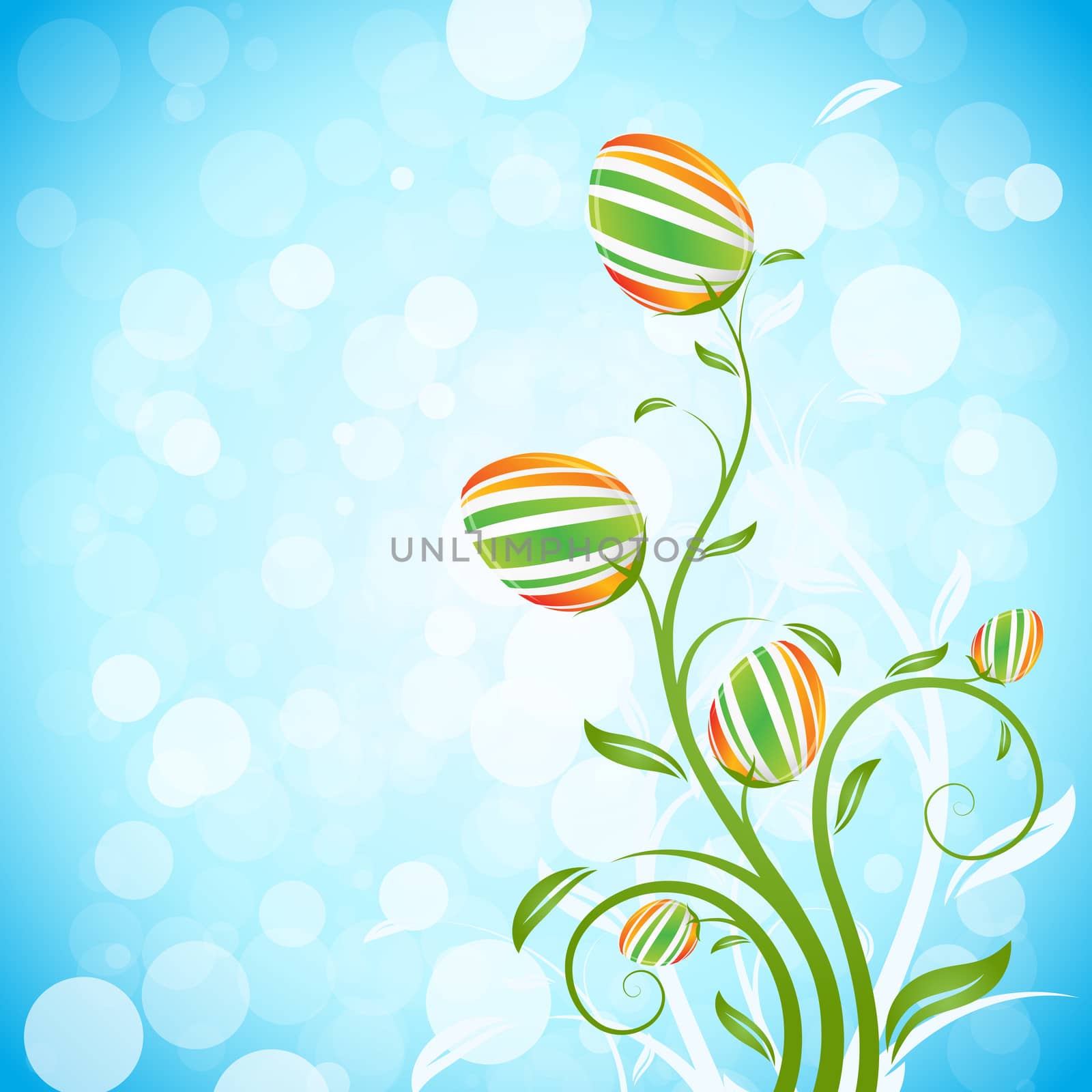 Easter Background with Decorated Eggs on Blue Background