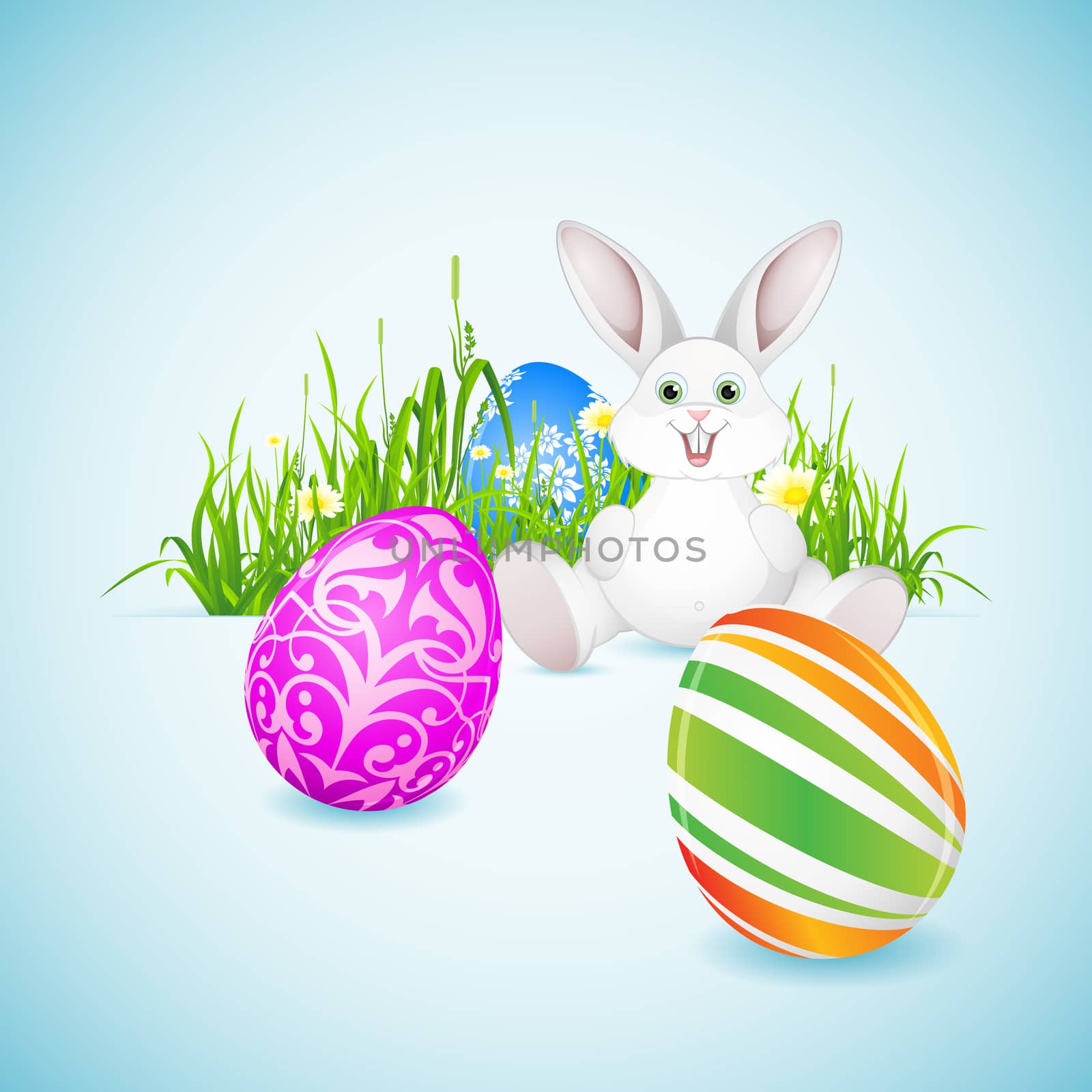Easter Background with Grass, Eggs and Rabbit