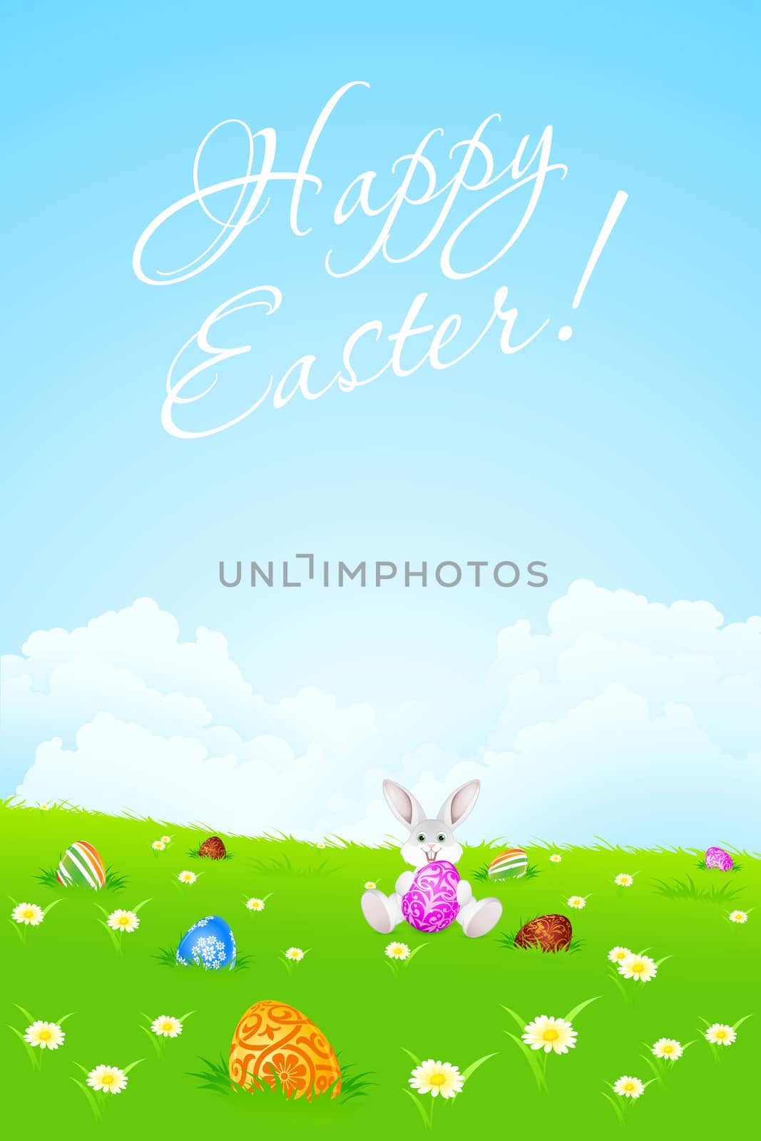 Green Landscape Background with Clouds, Easter Eggs and Rabbit