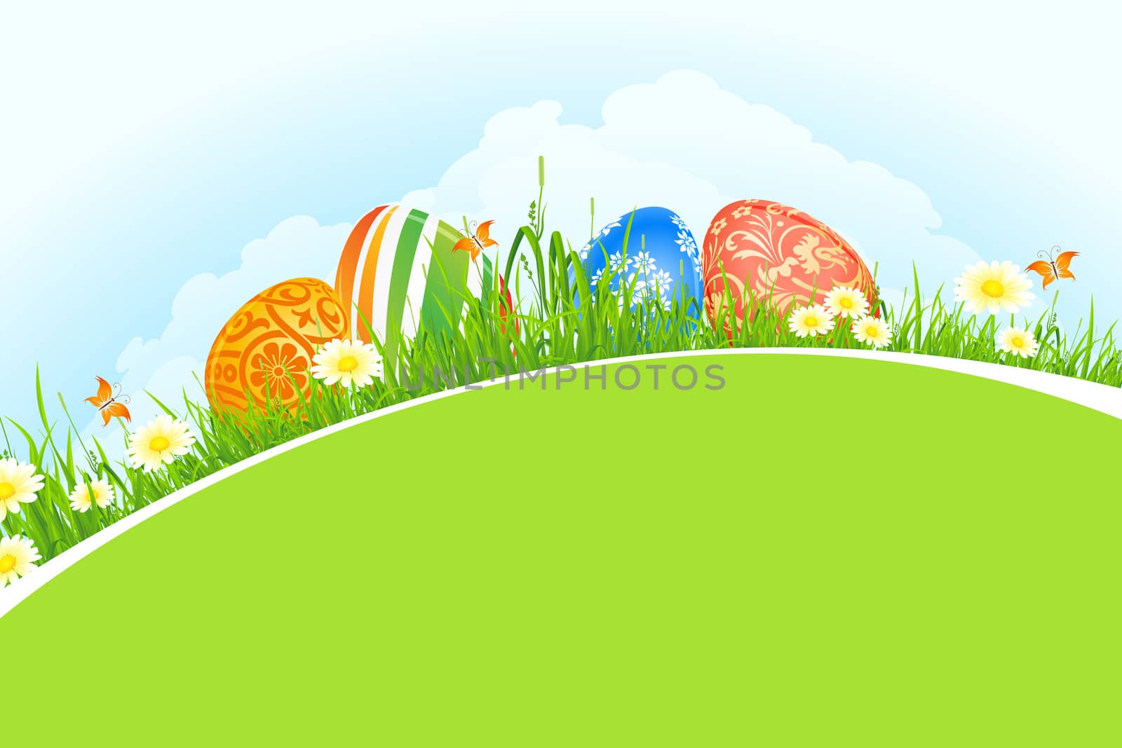 Beautiful Easter Background with Flowers Grass Clouds and Butterfly