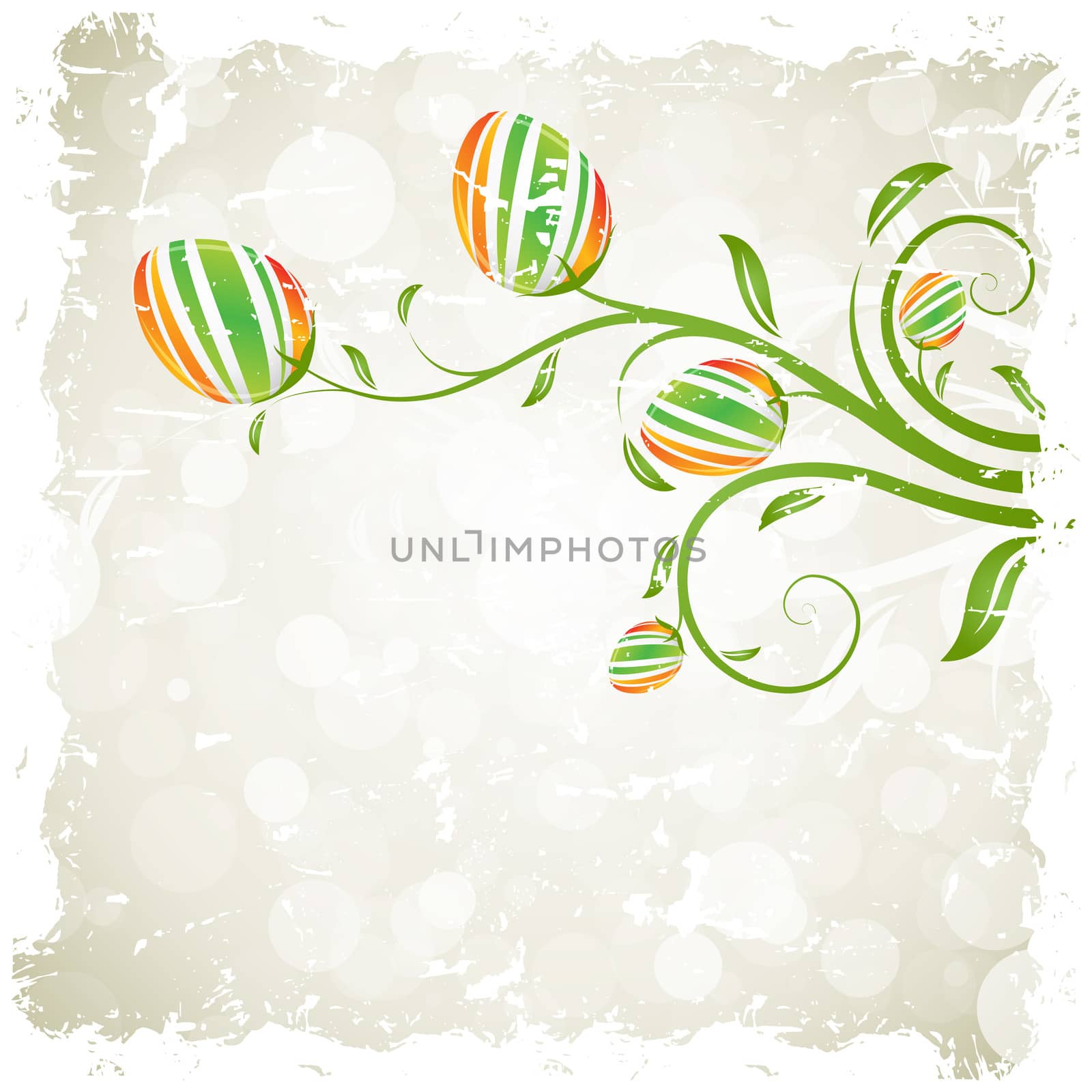 Grungy Easter Background with Decorated Eggs and Sprouts