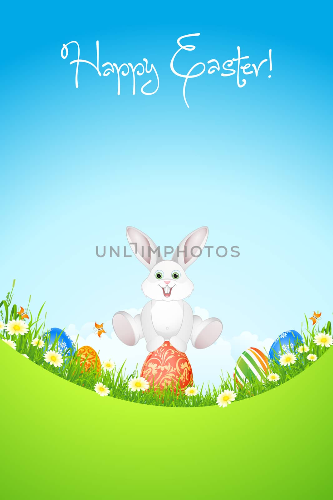 Easter Background with Flowers, Grass, Clouds, Butterfly, Eggs and Rabbit