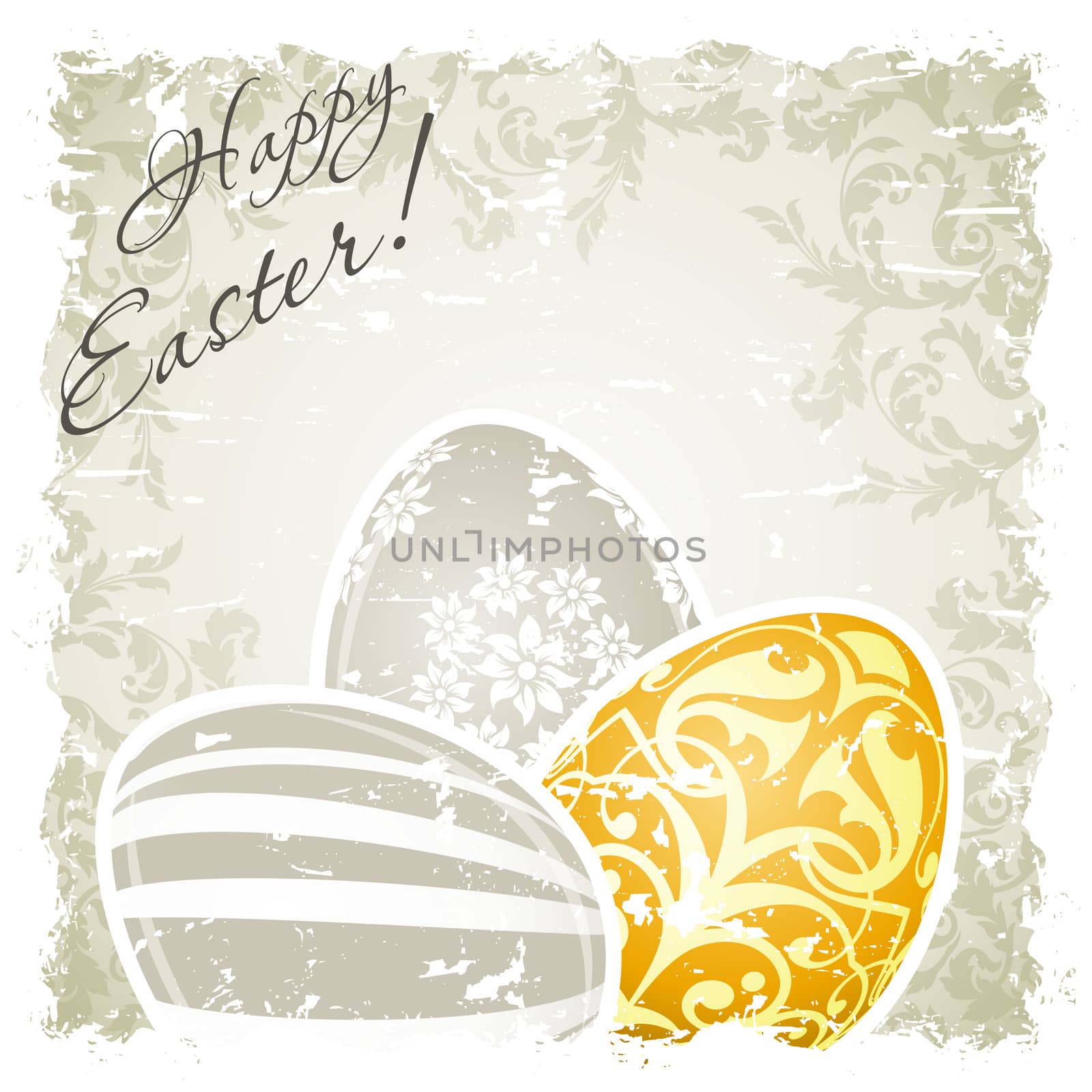 Grungy Easter Background with Decorated Eggs and Floral Elements